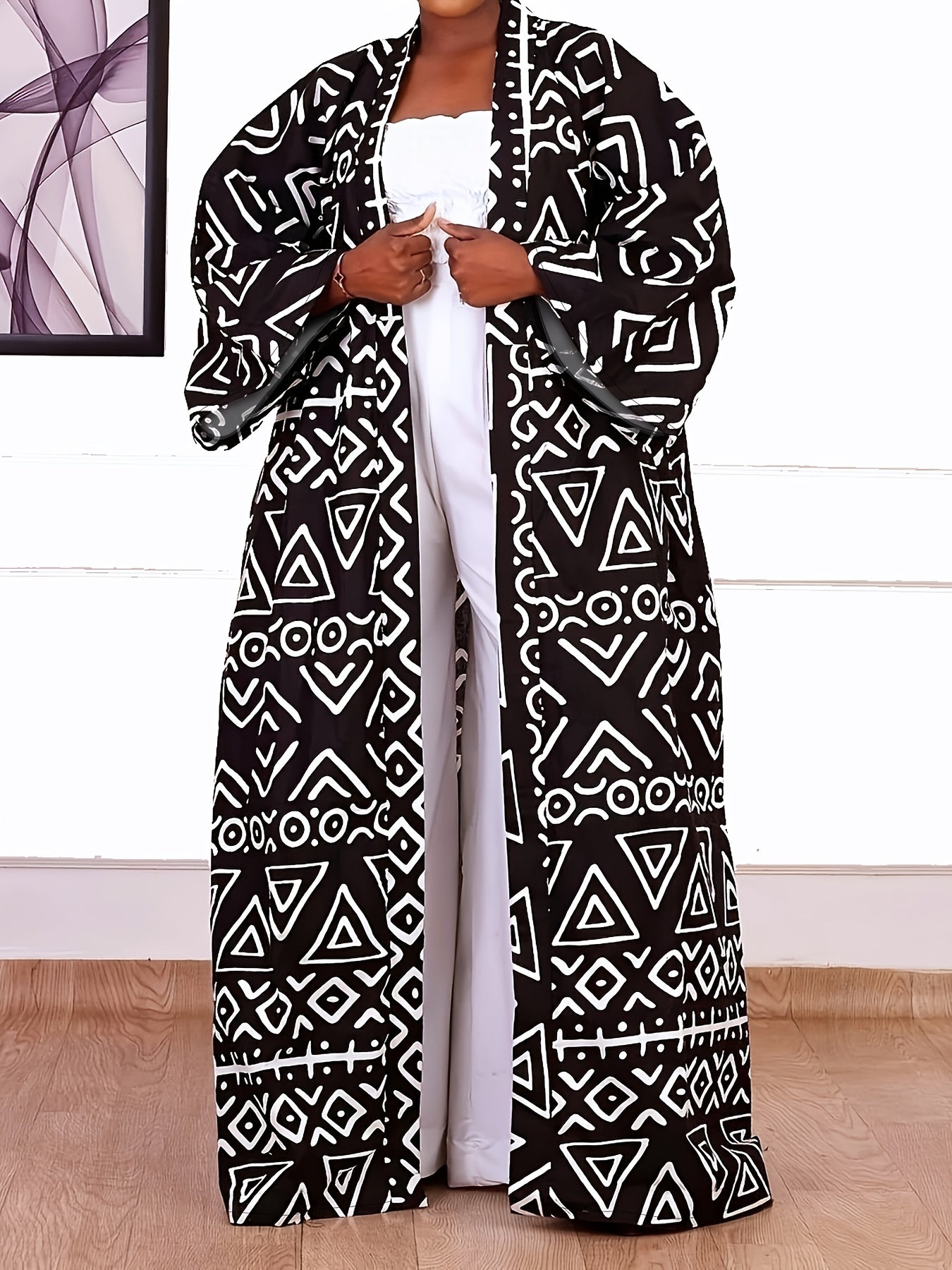 Chic Plus Size Open Front Kimono Abaya Cardigan - Casual & Versatile, Machine Washable, Polyester Blend with Elastane, Elegant Print Design