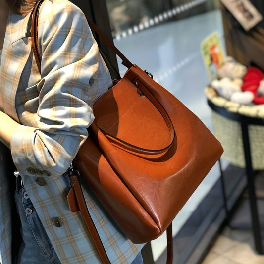 Women's Large Capacity Tote Bag - Genuine Leather Convertible Crossbody/Messenger with Zipper Closure, Detachable Strap