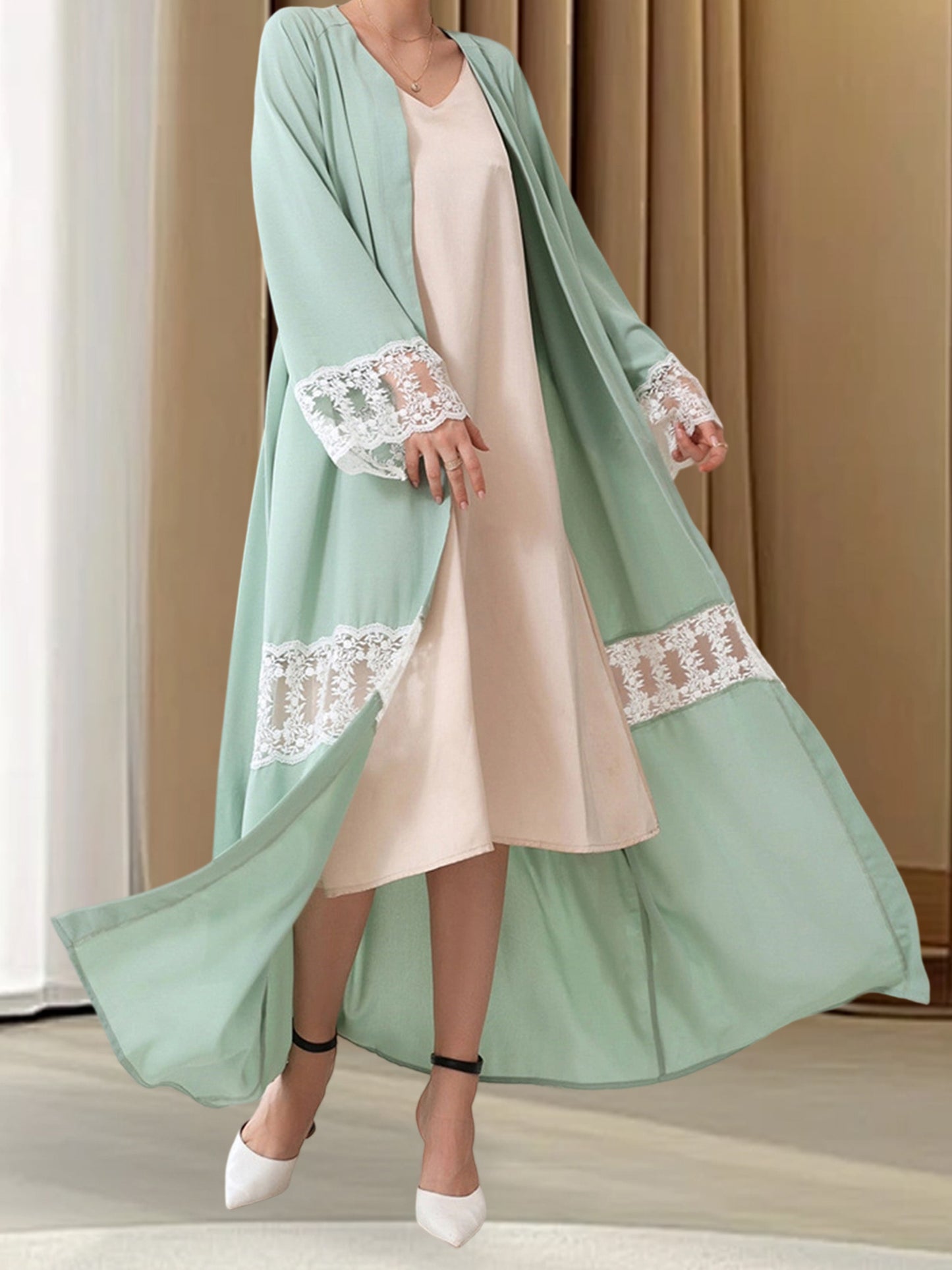 Women Open Palestinian Abaya Elegant Lace Patchwork V-Neck Long Sleeves Islamic Prayer Dresses Robe with Belt Casual Arabic Dresses
