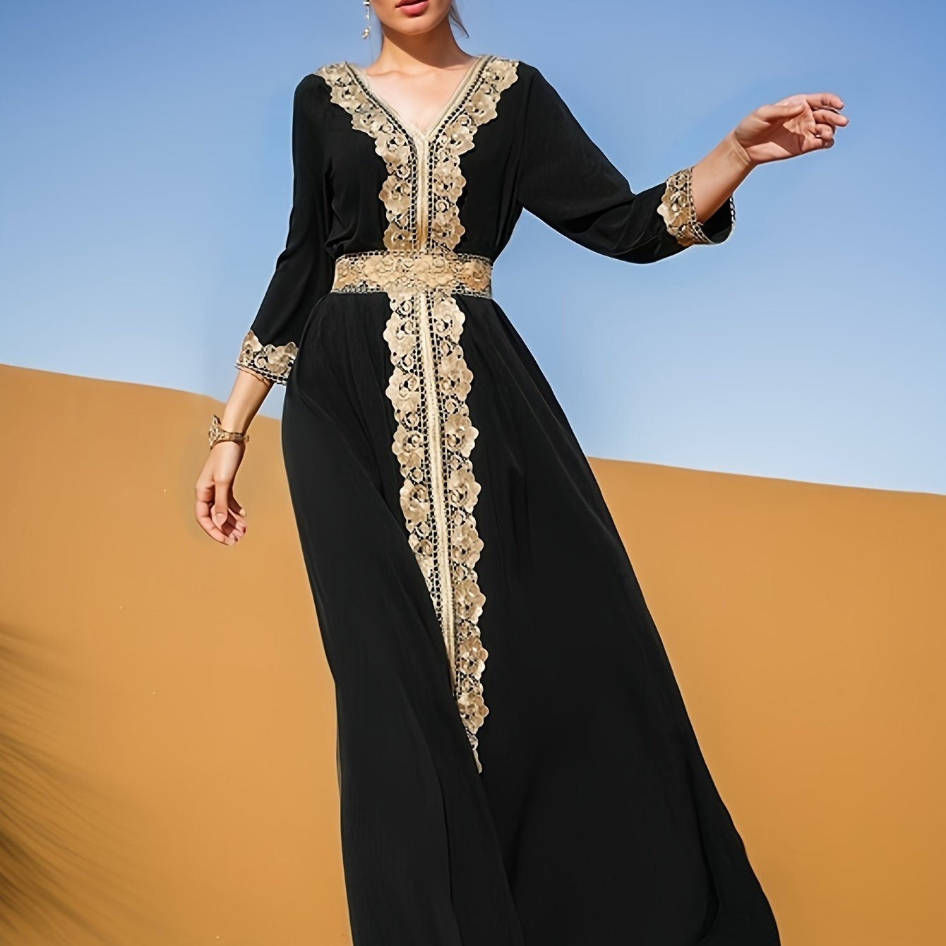 Elegant Golden Contrast Lace Detail Maxi Palestinian Abaya - V-Neck, Long Sleeve, Polyester, Formal or Evening Wear for Women, Formal Occasion Attire | Lace Detailing | Polyester Fabric