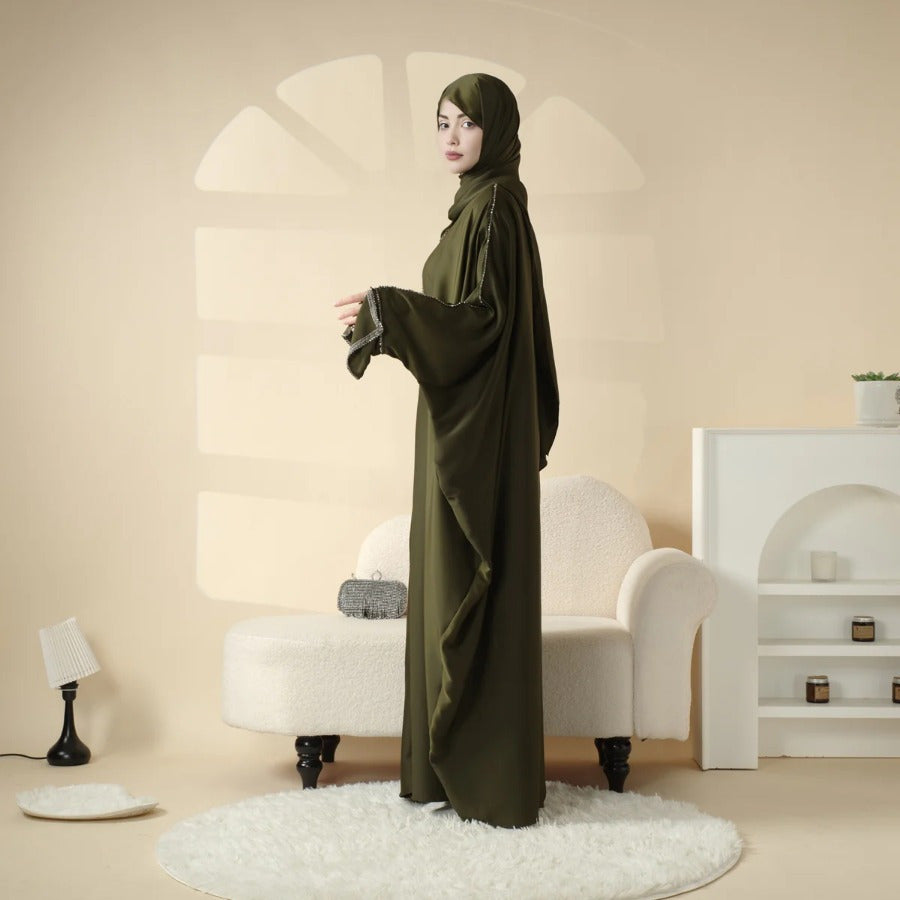 Batwing Emirati Abaya with Matching Hijab | Batwing Sleeve Abaya – Elegant Middle Eastern Arab, Islamic Style Shawl Robe Dress for Women, Long Skirt, Ramadan Prayer Outfit