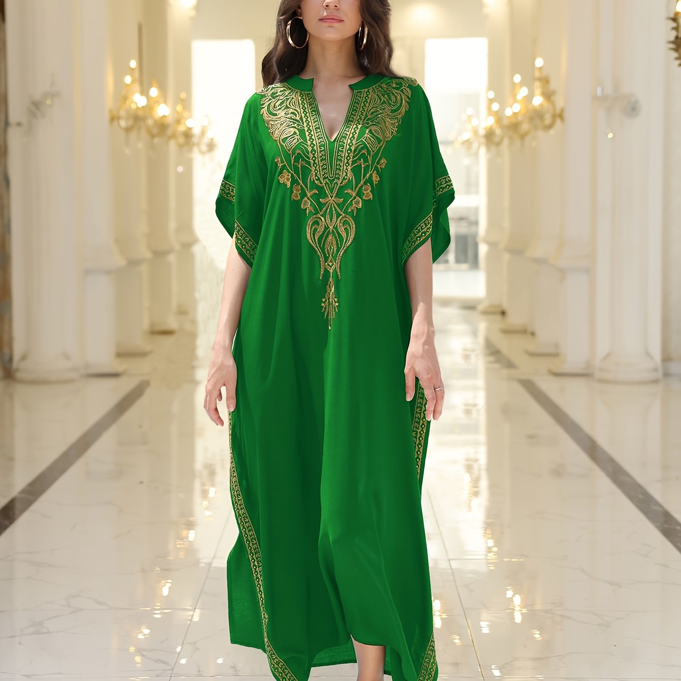 Long Robe Golden Embroidered Vacation Robe Kaftan Dress V-neck Beach Cover Shirt Kaftan
