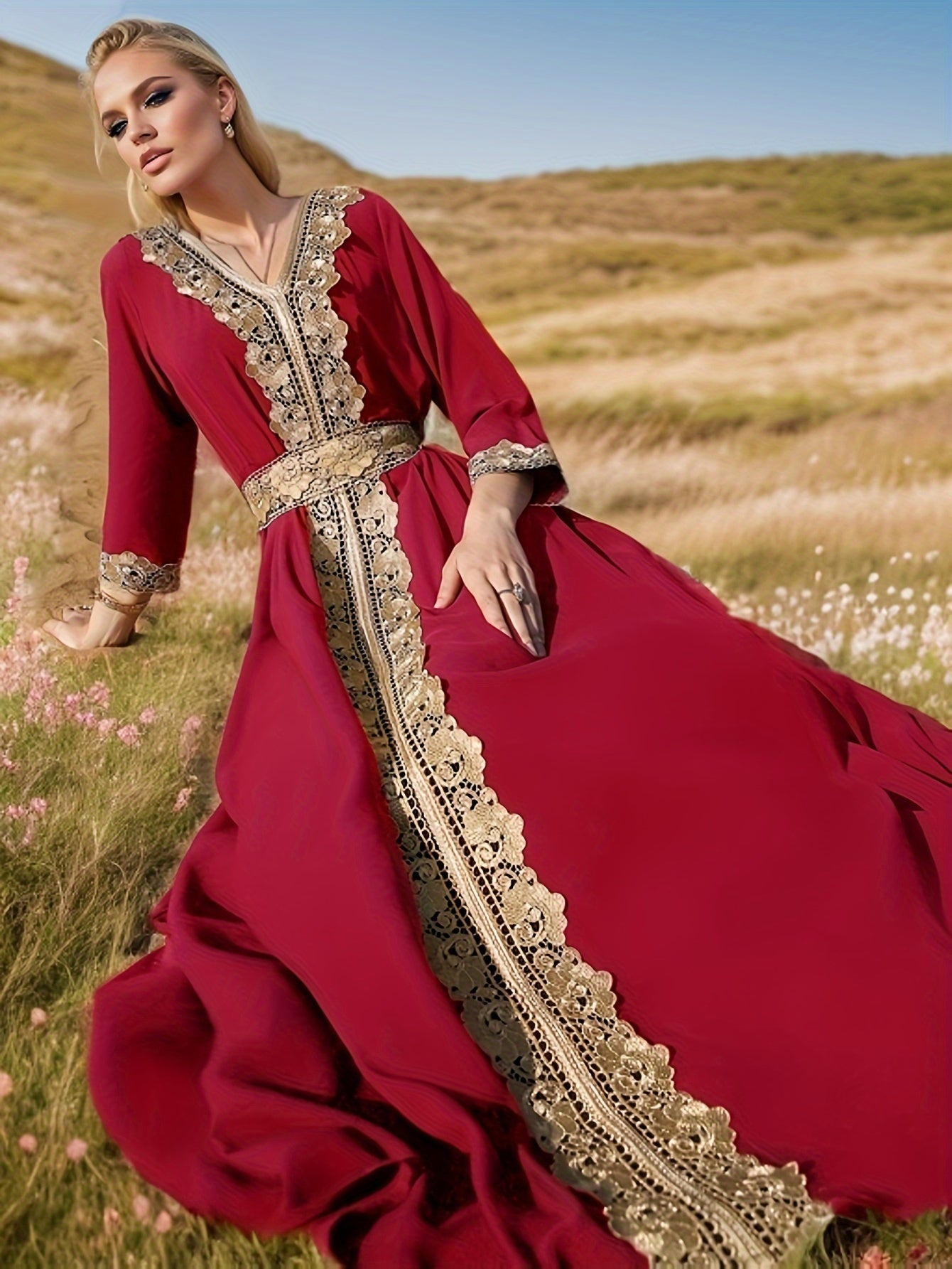 Elegant Golden Contrast Lace Detail Maxi Palestinian Abaya - V-Neck, Long Sleeve, Polyester, Formal or Evening Wear for Women, Formal Occasion Attire | Lace Detailing | Polyester Fabric
