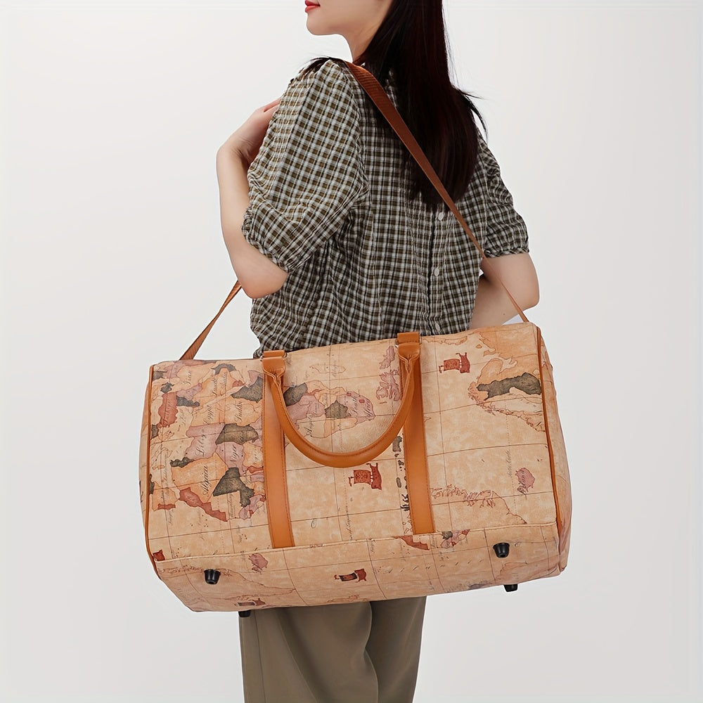Vintage Leather Map Design Travel Duffel Bag, Large Capacity Luggage with Zipper Closure, Polyester Lined, Edge Painted - Hand Wash/Dry Clean Only, Secure Storage Bag | Retro Style Suitcase | Bag, Luggage for Travel