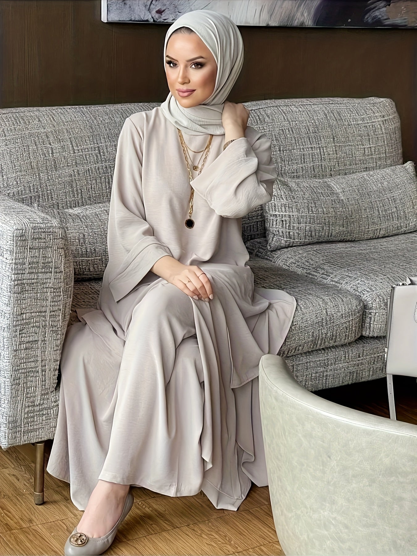 Ramadan Elegant Solid Color Muslim Two-Piece Set,Jilbaab Abaya Top and Straight-Leg Pants, Casual Women's Outfit (Headscarf Not Included)