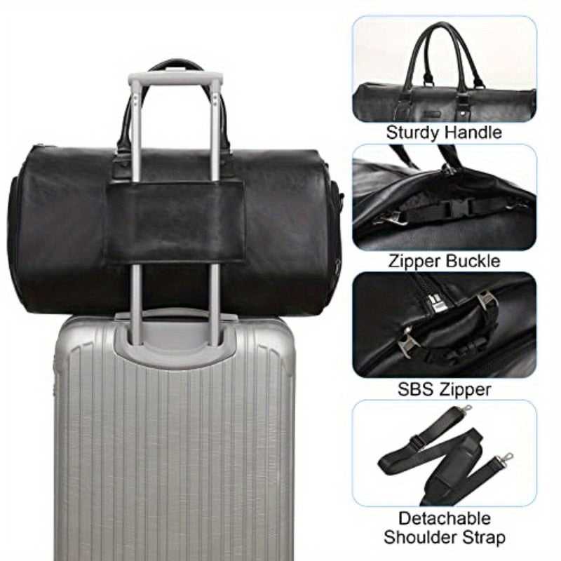 Men's 2-in-1 Garment & Duffel Bag - High Quality Vegan Leather Carry-On with Multiple Pockets, Shoe Compartment & Adjustable Shoulder Strap for Business Travel, Weekend Getaways