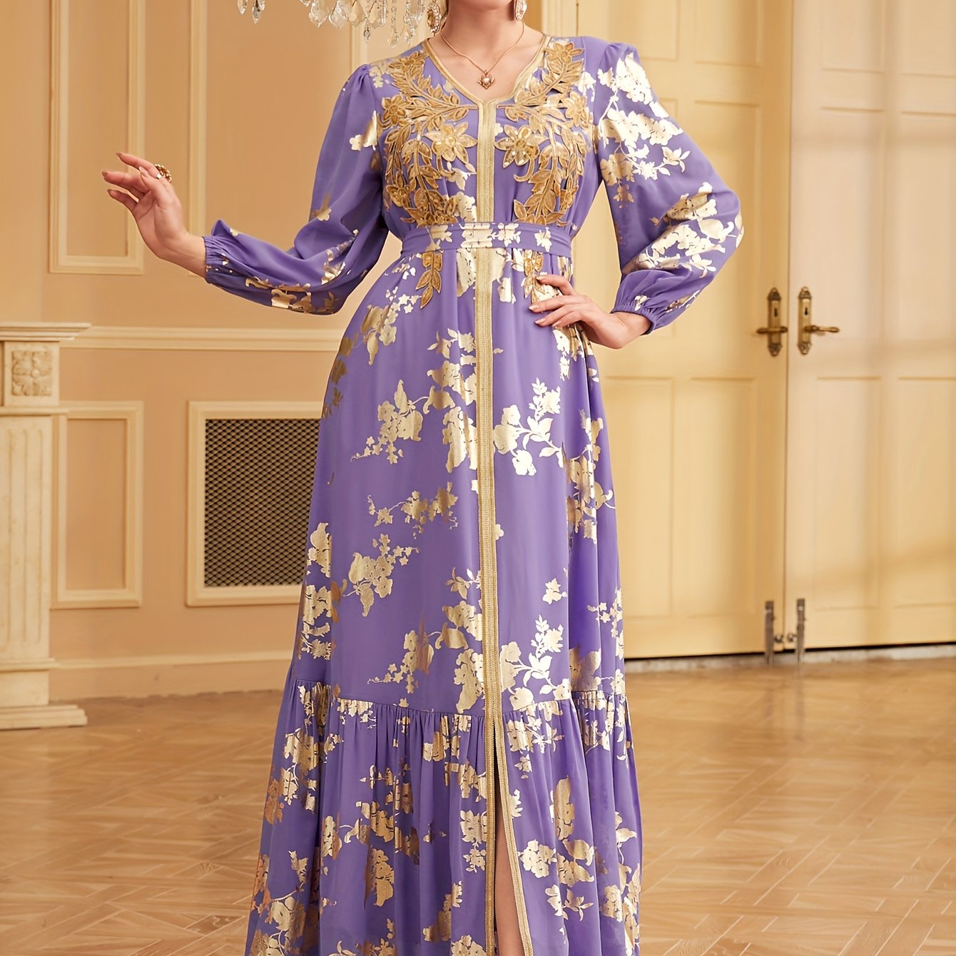 1pc Elegant Embroidered Long Sleeve Modern Abaya with Golden Accents, Polyester 100%, Regular Fit, All-Season Floral Print with Slit Hem and Waist Belt