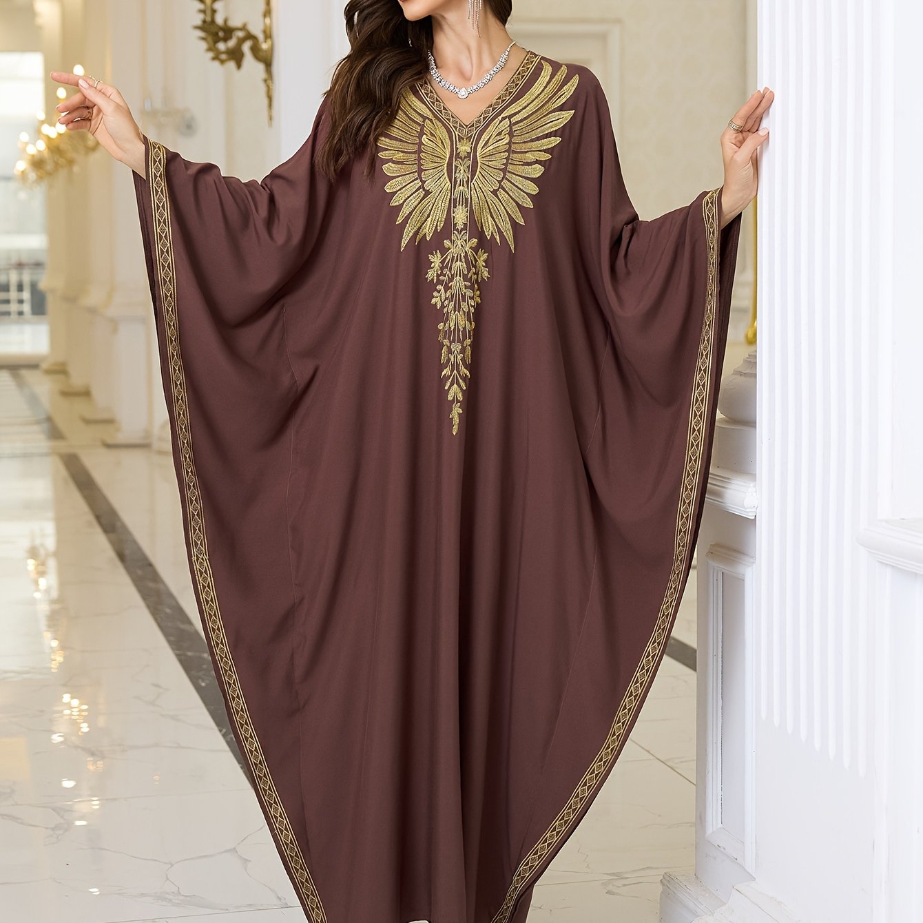 Women's Elegant Middle Eastern Kaftan Abaya - Formal & Everyday Islamic Gown with Long Batwing Sleeves, V-Neck, Non-Stretch Fabric for Ramadan, Weddings, Cultural Events