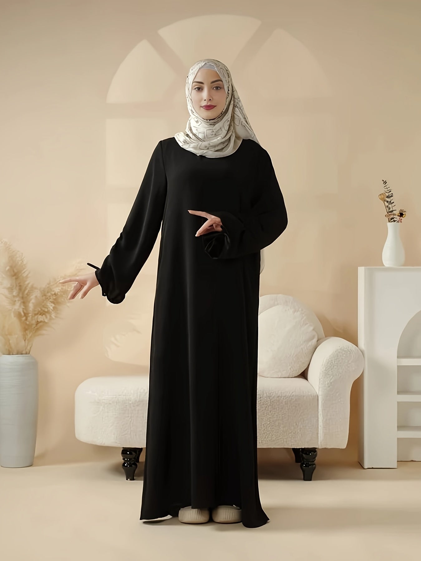 1 Luxury Satin Modest Jibab Abaya Set for Women, 4pcs Muslim Female Ramadan Prayer Dress, Long Robe, Elegant Open Breathable Abaya, Top, Pants and Matching Headscarf, Middle Eastern Arabic Malaysia Islamic Women, Eid al-Adha Gift R