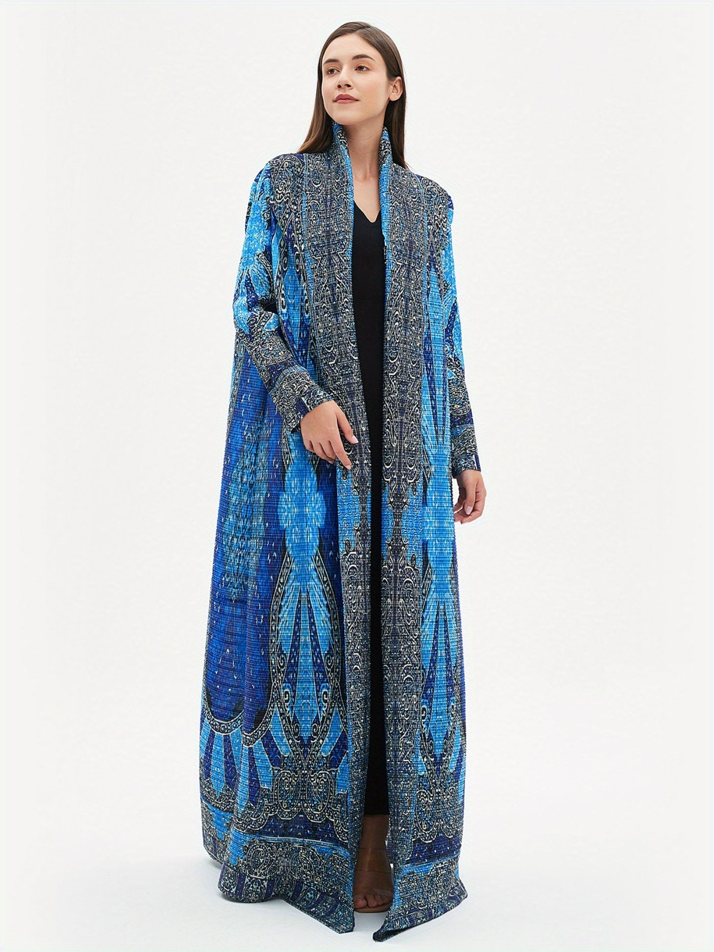 2025 Summer New Miyake-Style Kaftan Abaya, Long Sleeve, High-Elasticity Polyester Dress with Geometric Print, Belted Waist Design - Versatile for Daily Commute & Formal Occasions