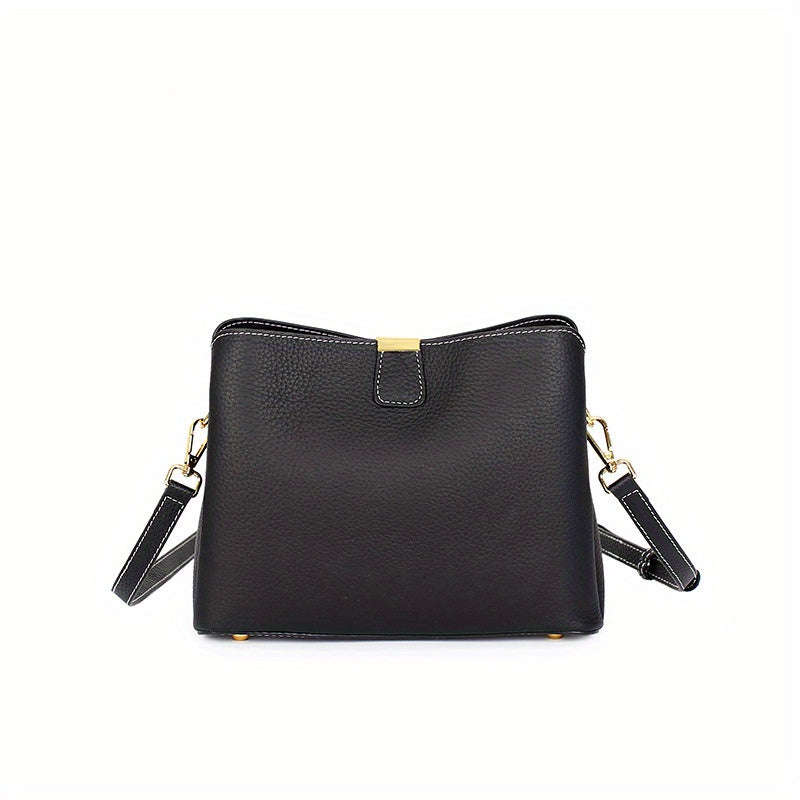 2025 New Model, High-End Grey Leather Women'S Handbag, Cowhide Large Capacity Bucket Bag, Versatile Commuting Shoulder Crossbody Bag, Lightweight And Fashionable Daily Bag