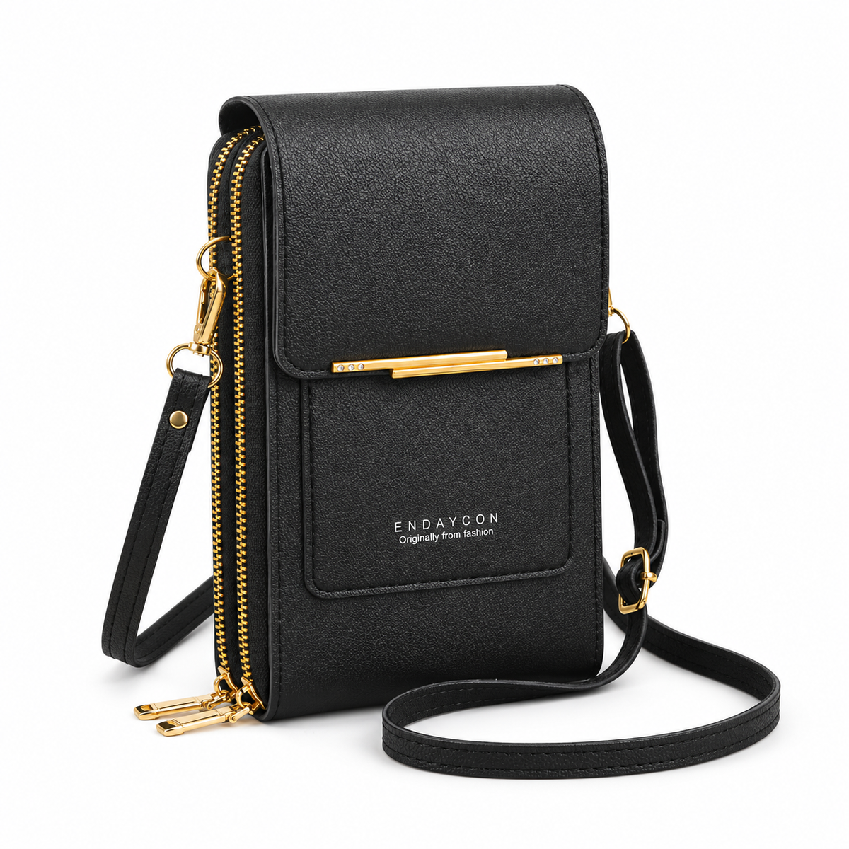 Black Textured Crossbody Bag With Gold