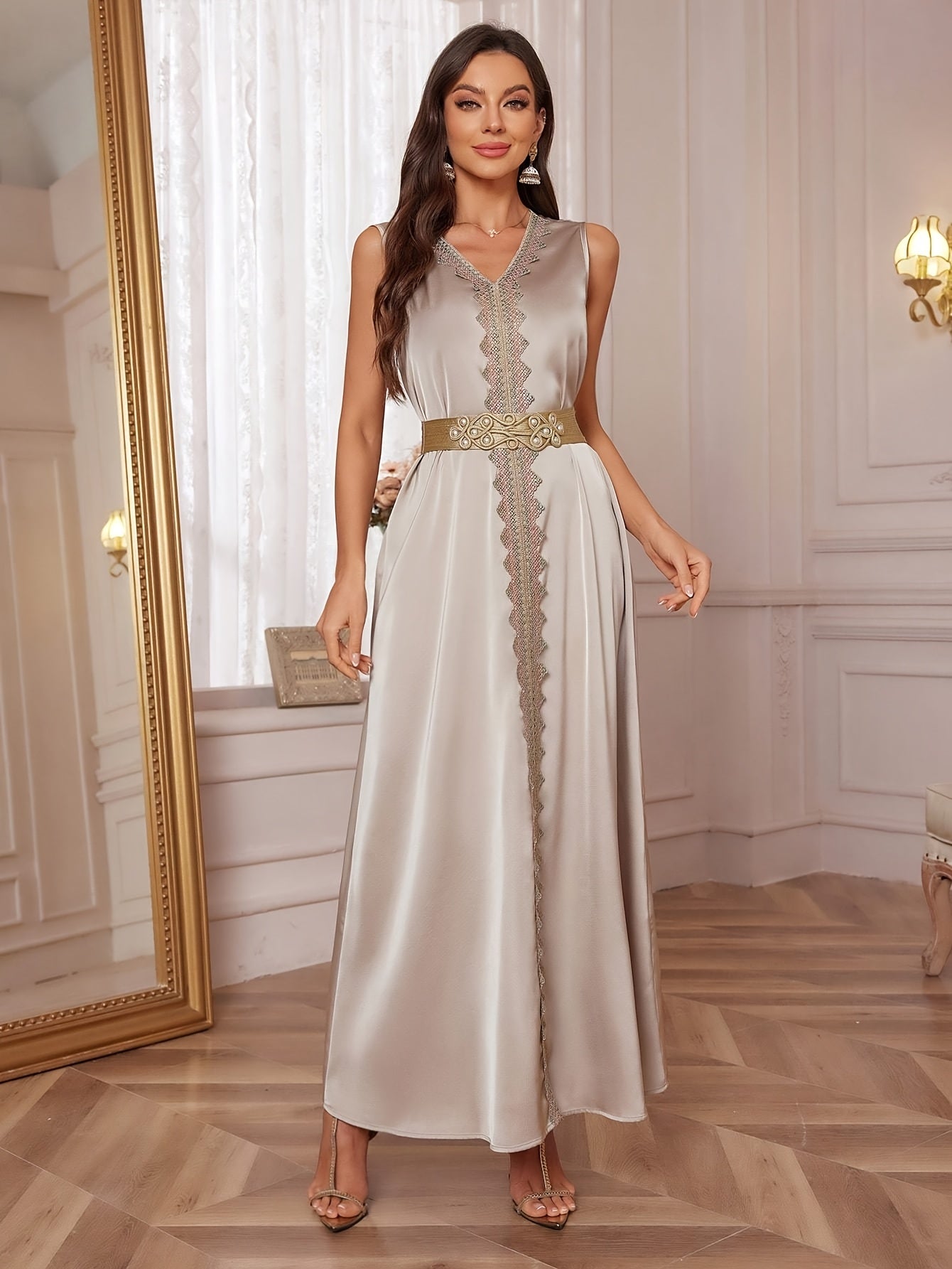 Women V-Neck Sleeveless Lace Elegant slit Abaya Dress with Detachable Belt And Arab Style Outer Long Sleeve Two-Piece Set