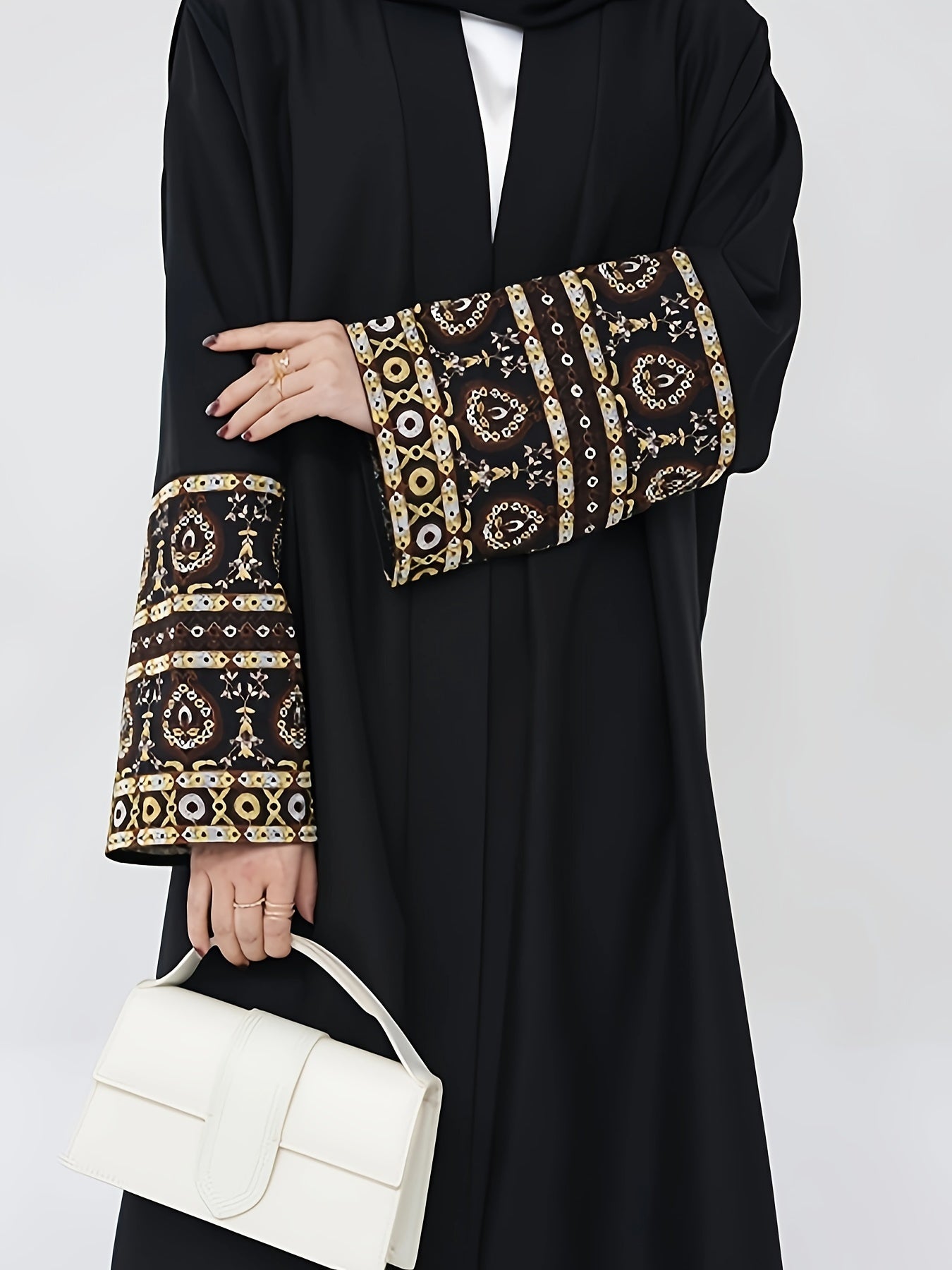Elegant Middle Eastern Turkish Abaya Robe with Golden Embroidery - Black & White Contrast Traditional Islamic Dress, Machine Washable Lightweight Cover-Up for Spring Summer Fall, Modest Apparel