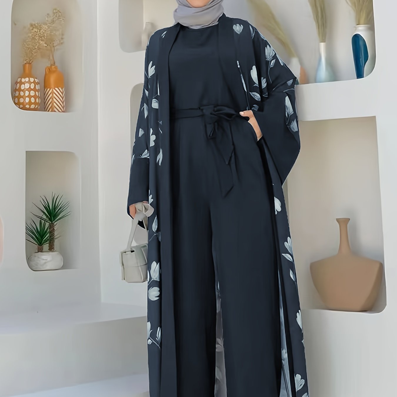 Middle Eastern Muslim Print Jumpsuit Two-Piece Set for Women Without Headscarf | Pakistani Abaya