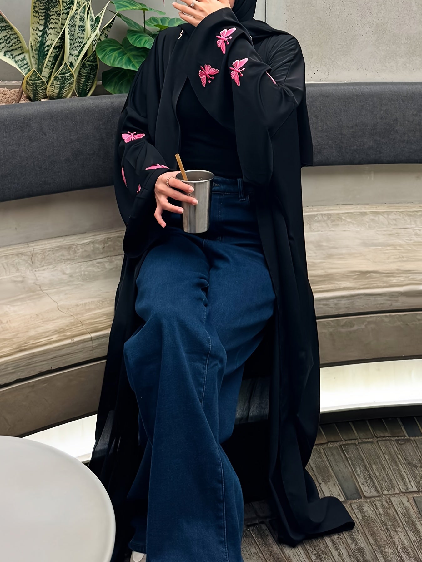 Oriental Women's Elegant Solid Color Embroidered Butterfly Batwing Sleeve Abaya, Saudi Dubai Loose Fit Black Satin Open Front Bathrobe, Casual Long Robe Dress 1pc Outerwear for Daily Wear and Festivals
