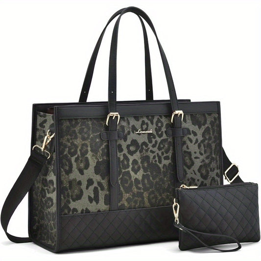 Laptop Leather Bag for Women 15.6 inch Canvas Laptop Tote Bag Large Capacity Work Bags with Clutch Purse Computer Bags Office Business Briefcase