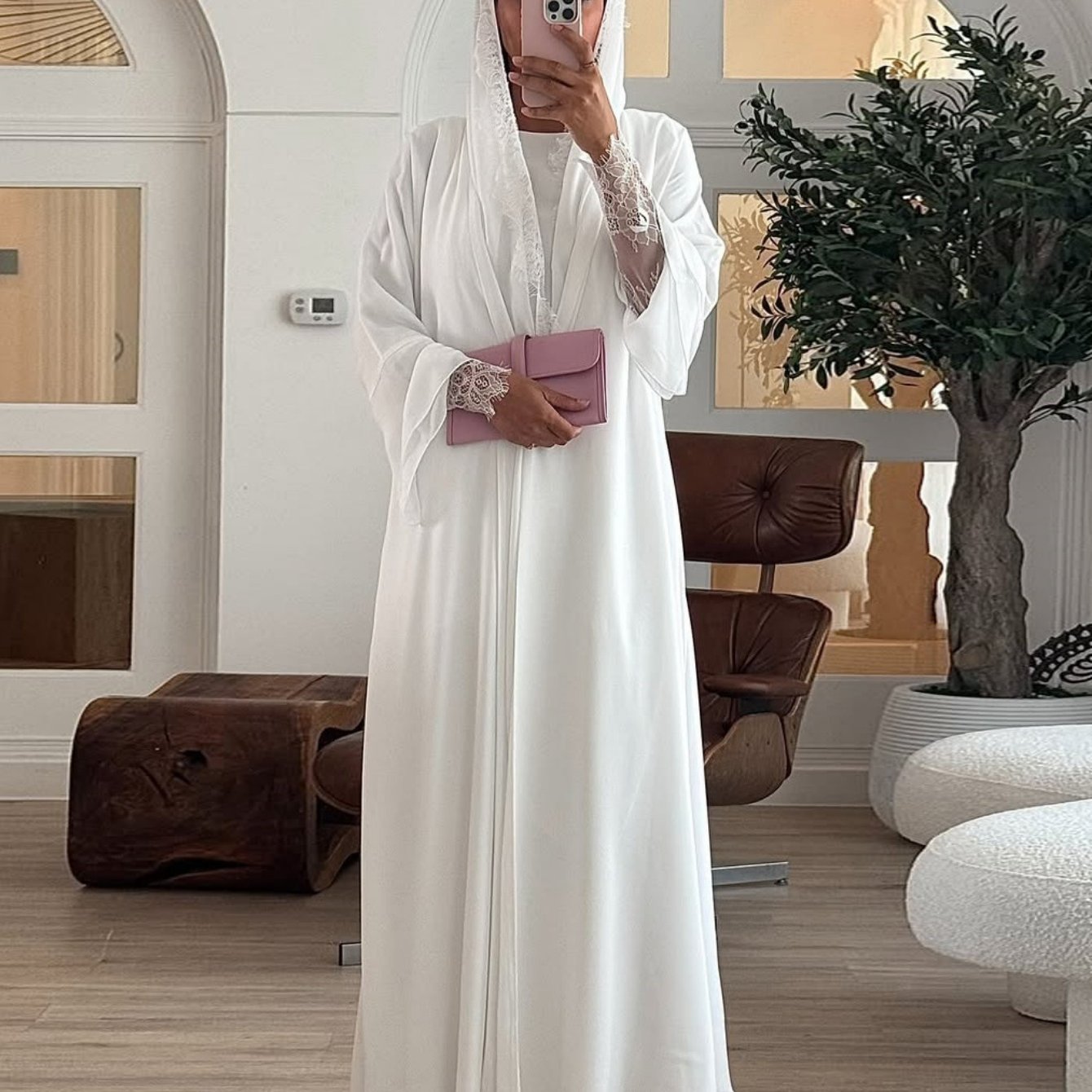 Elegant Middle Eastern Emirati Abaya Robe for Women - Long Sleeve Chiffon & Lace Trim, Solid Color, Non-Stretch Fabric, Spring/Summer Traditional Muslim Dress with Matching Headscarf