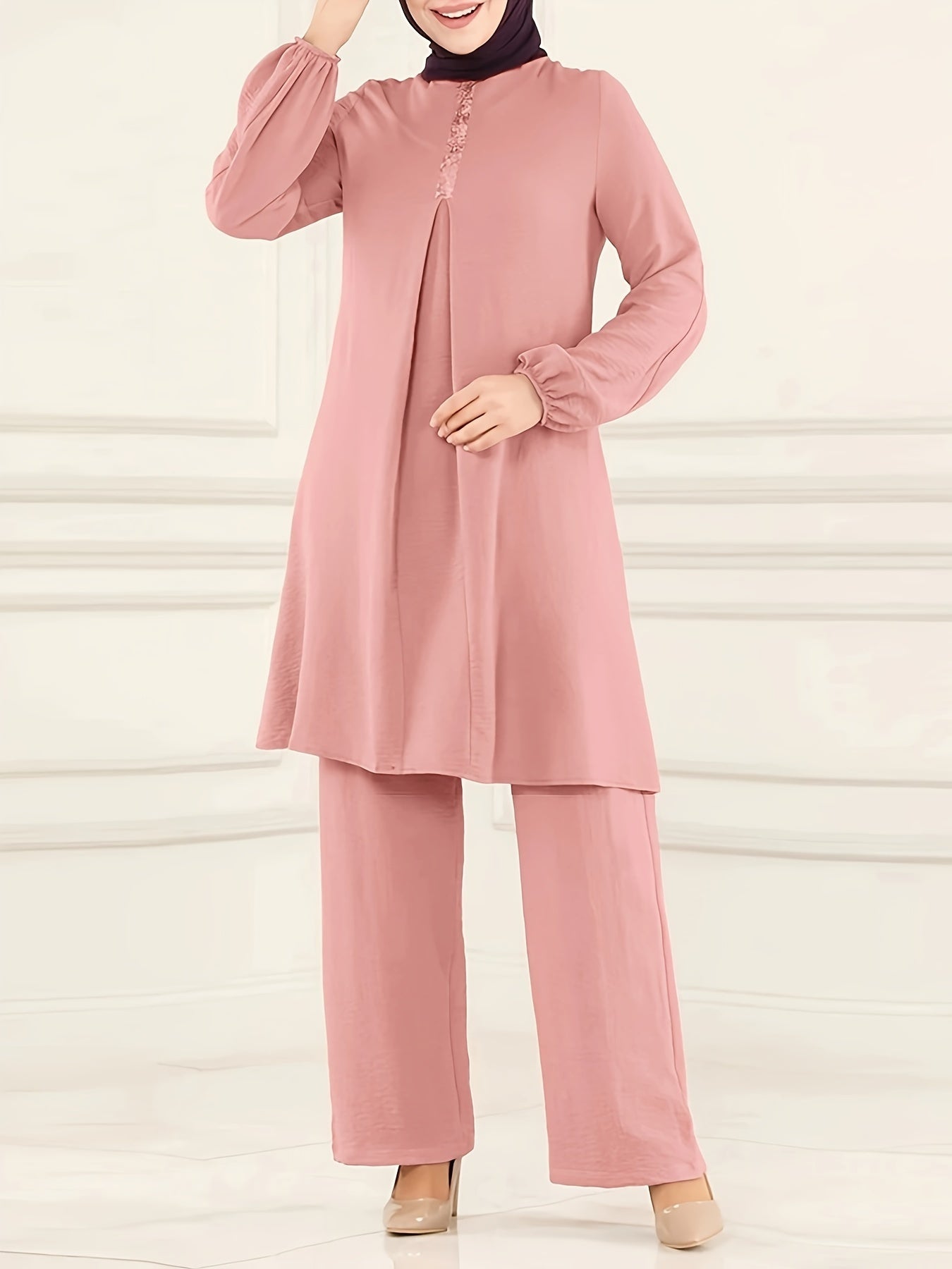 Ramadan Elegant Pure Muslim Two Piece Set, Long Sleeve Round Neck Top and straight-leg Pants Jilbaab Outfits, Women Clothing