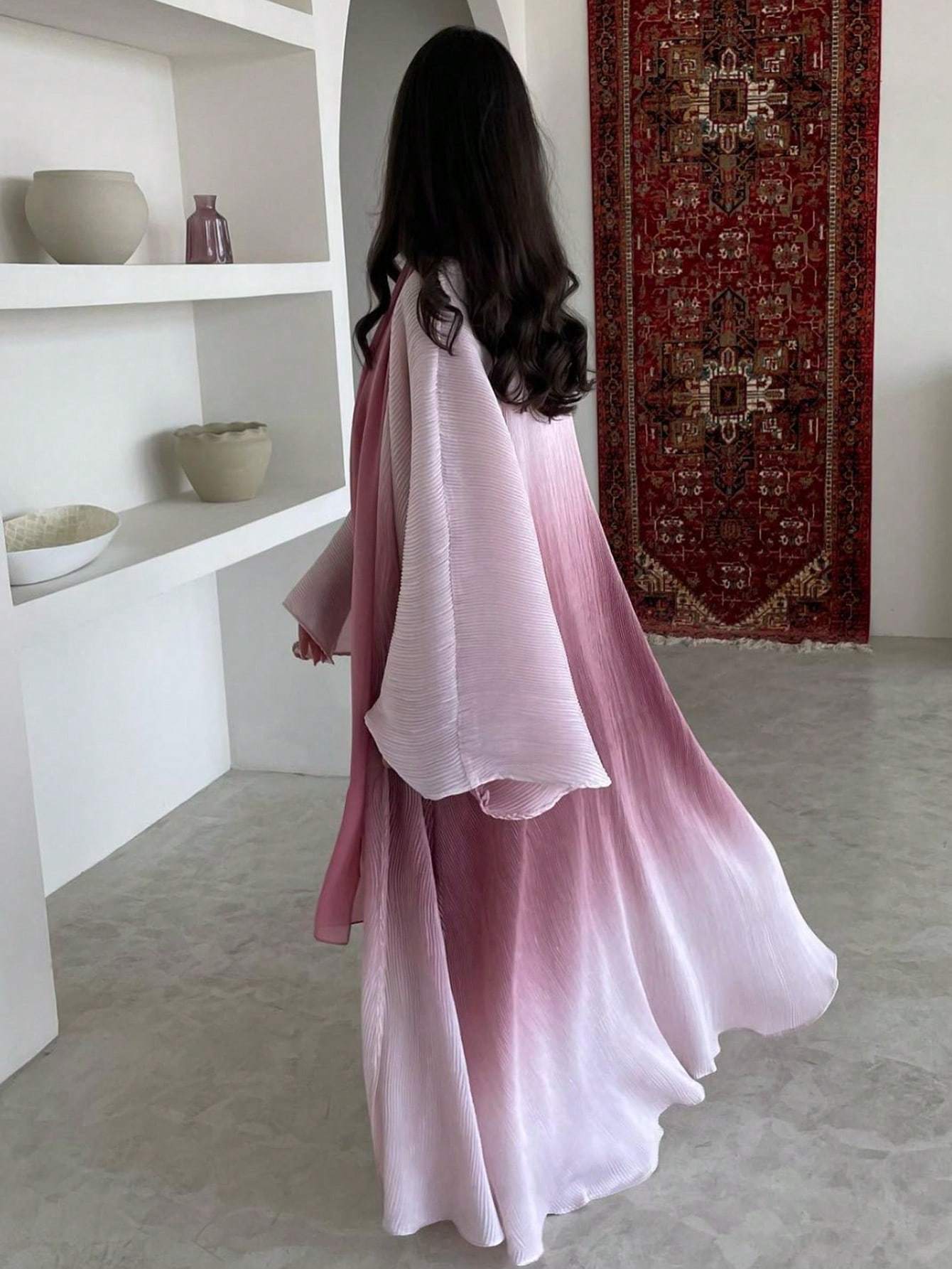 Plus Size - 1pc Plus Size Women's Elegant Abaya - Long Sleeve, Ruffle Bell Sleeves, Loose Fit Floor-Length Kaftan Dress, Non-Stretch Fabric, All-Season Wear, Casual Weekend Outfit