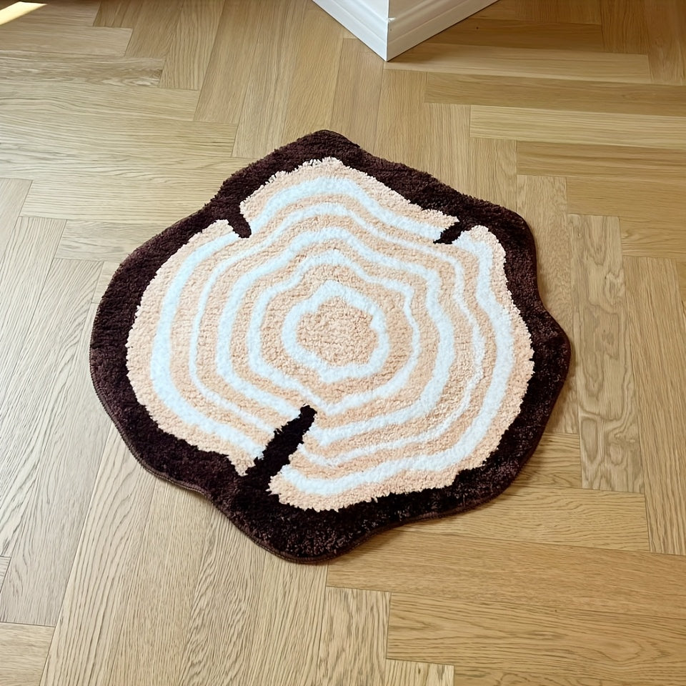 Plush Tufted Area Mat - Thick & Soft Non-Slip TPR Backing, Brown Tree Stump Design with White & Beige Patterns, Unique Circular Shape, Machine Washable for Bedroom, Living Room, Rugs for Bathroom