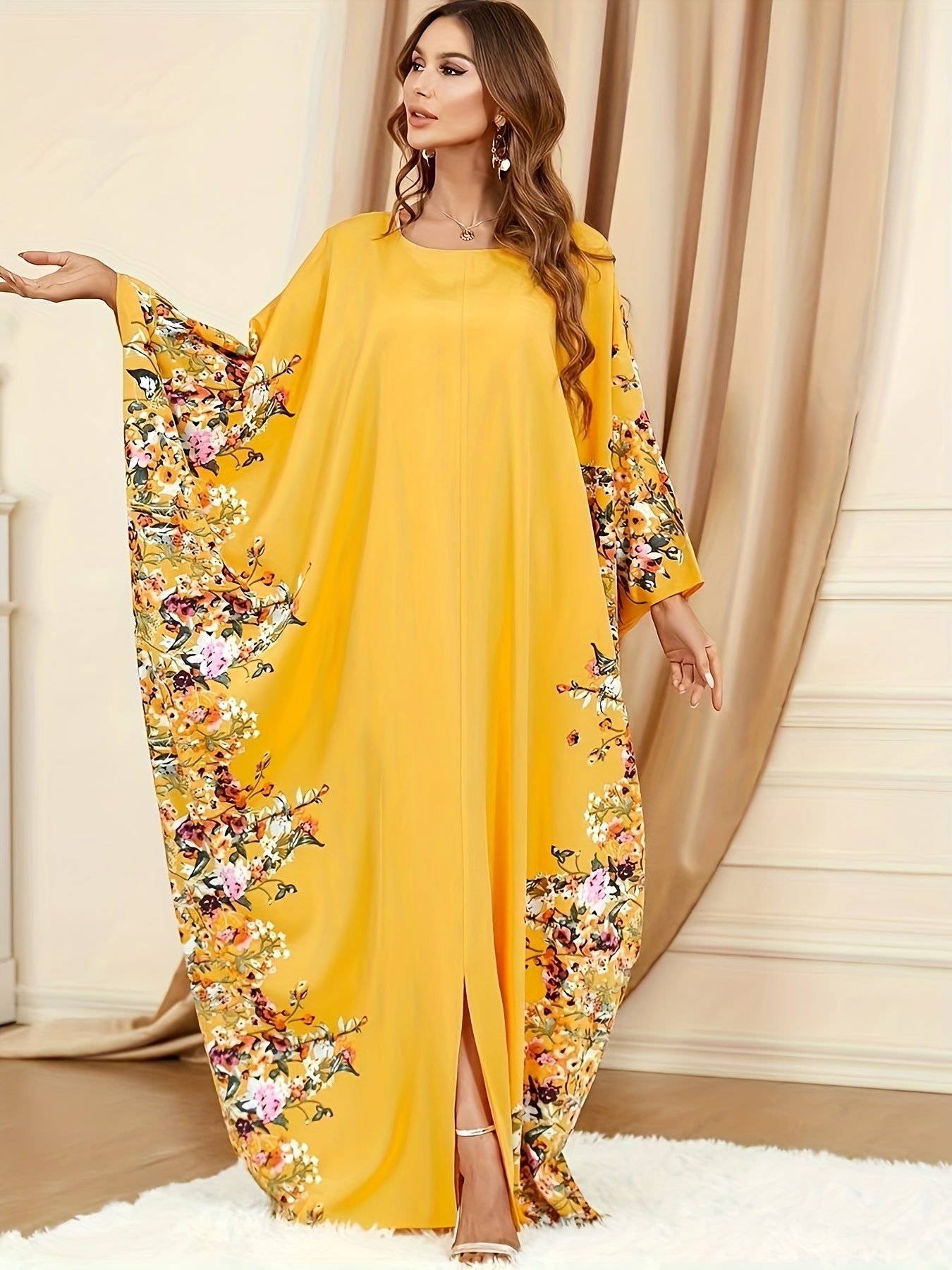 Floral Print Crew Neck Kaftan Abaya, Elegant Batwing Sleeve Split Maxi Dress, Women's Clothing