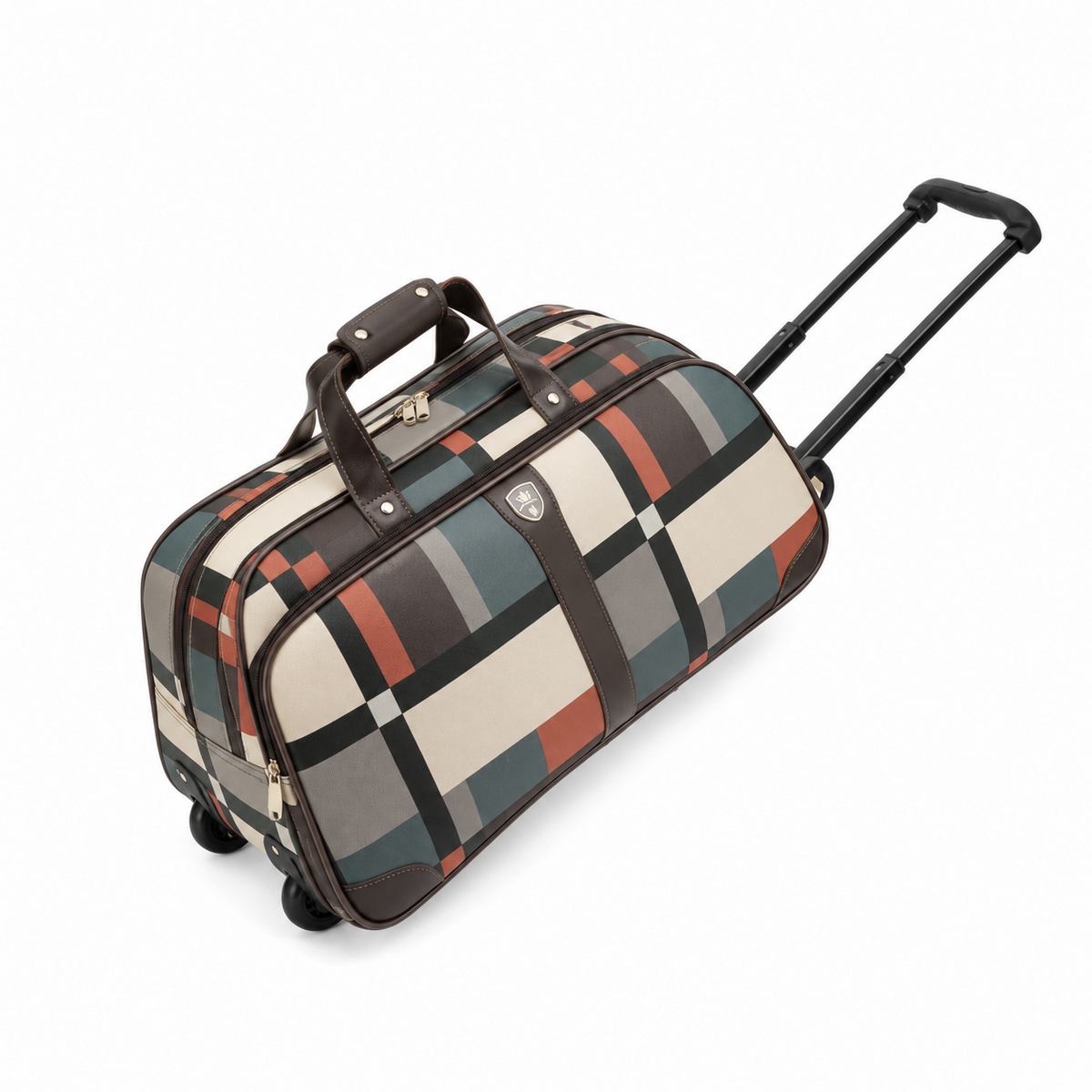 Classic Plaid Leather Trolley Duffel Bag