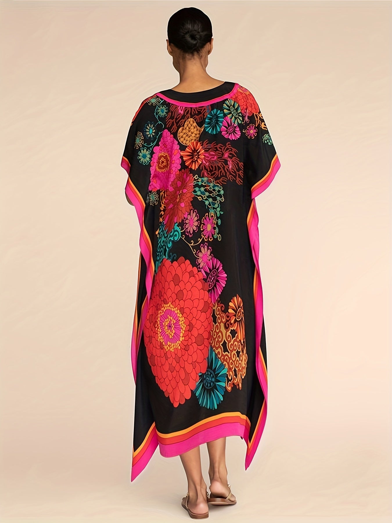 Women's Boho Style Cover Up, Plus Size Floral Pattern V Neck Loose Fit Vacay Beach Kaftan Dress
