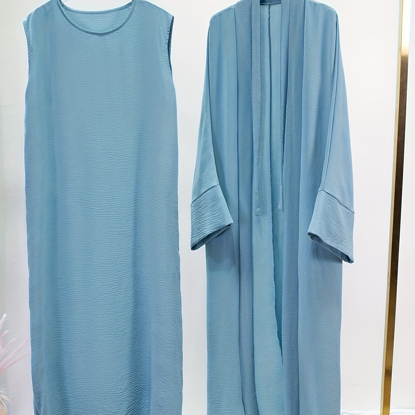 Ramadan Solid Color Modest Pakistani Abaya Set, Casual Crew Neck Sleeveless Tank Dress & Open Front Long Sleeve Tie Cardigan Outfits, Women's Clothing