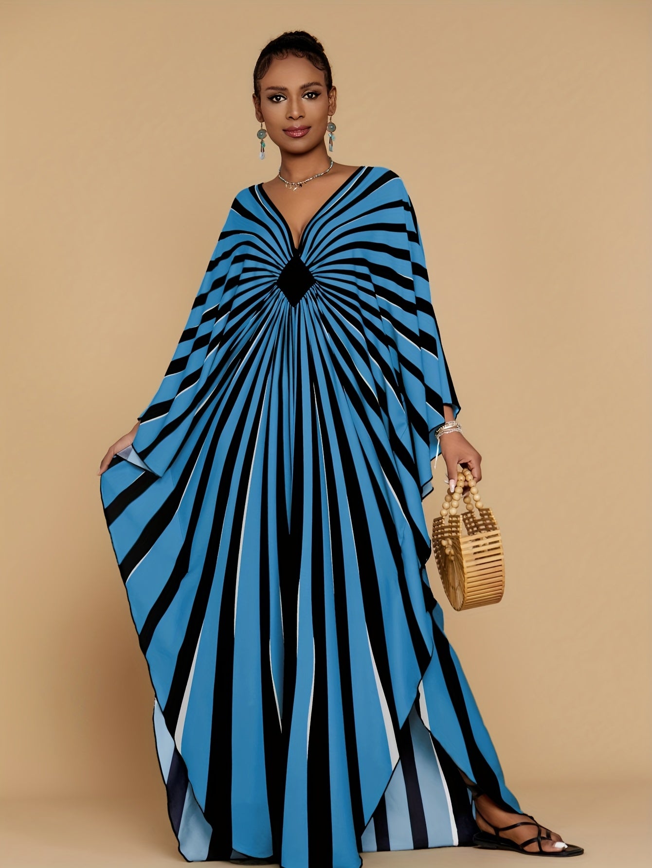 Plus Size - Bohemian Stripe Print Kaftan Dress for Women - V-Neck, Half Sleeve, Long Length, Lightweight Polyester, Perfect for Beach Coverup & Casual Vacation, Plus Size, Spring/Summer/Fall Wear, Beach Dress
