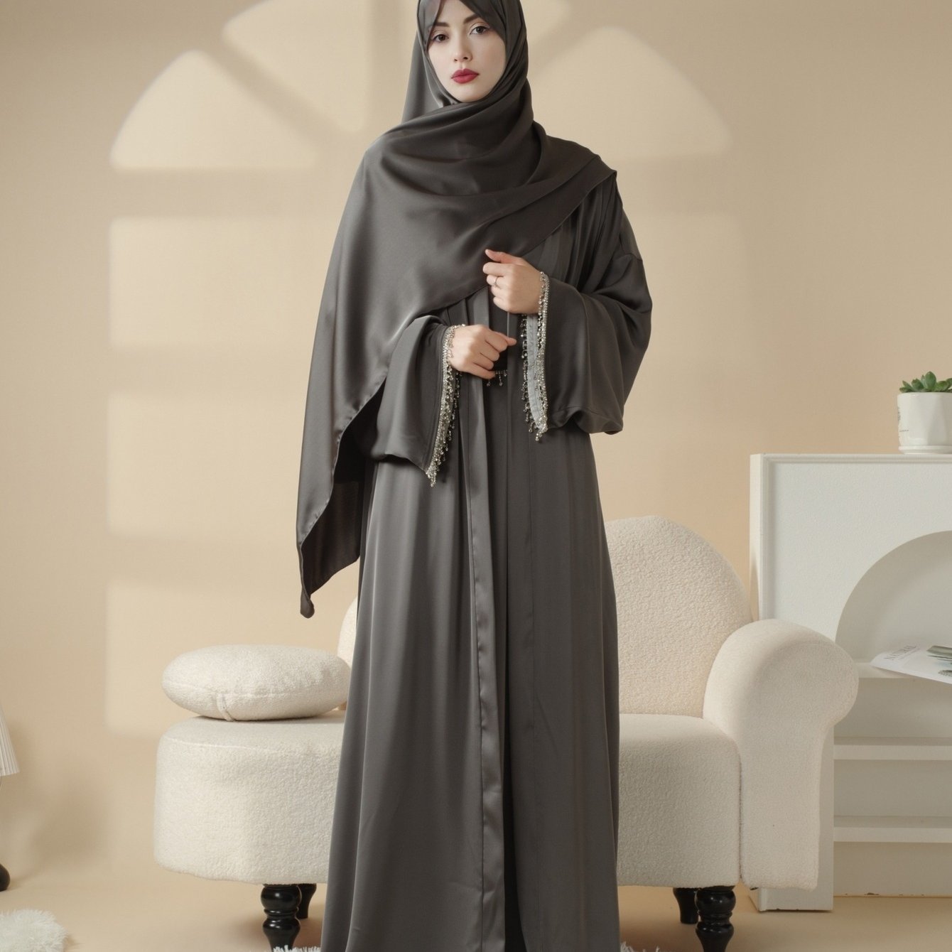 4pcs Satin Diamond Tassel Emirati Abaya Set Eid Al Adha, Abaya Muslim Women's Ramadan Iftar Eid Al Adha Iftar Holy Commemoration Prayer Garment Long Robe Gown Global Spring Summer