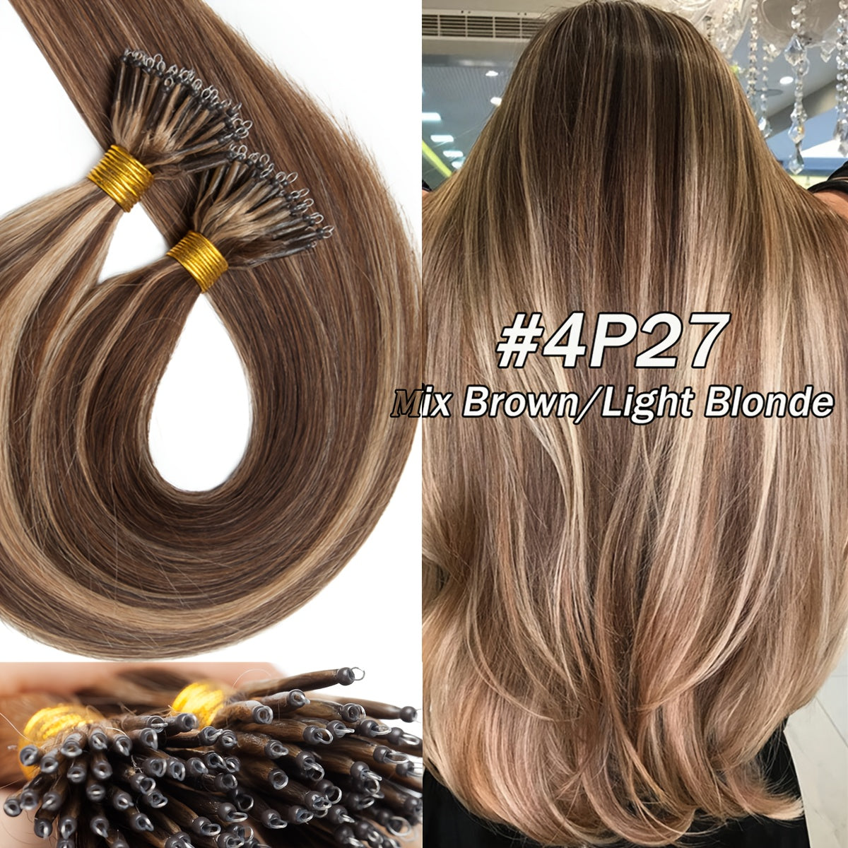 100% Human Hair Extensions - 50 Strands Nano Rings, Thick, Smooth, Remy Hair