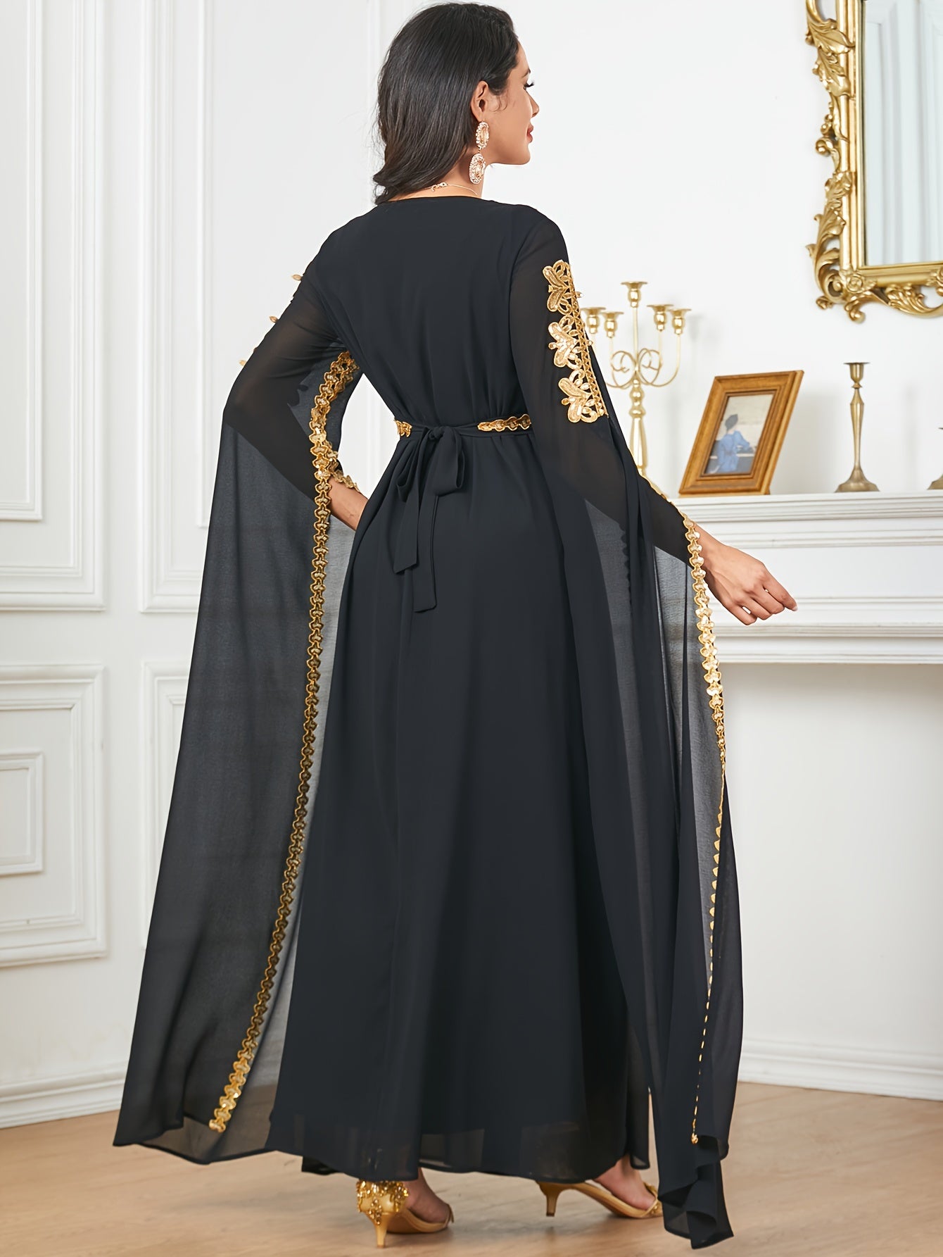 Elegant Black Sequin Embroidered A-Line Maxi Abaya Dress with Golden-Tone Embroidery, Slit Sleeves & Adjustable Waist Belt - Middle Eastern-Inspired Formal Party Wedding Guest Dress, Cultural Attire, Nontransparent Fabric