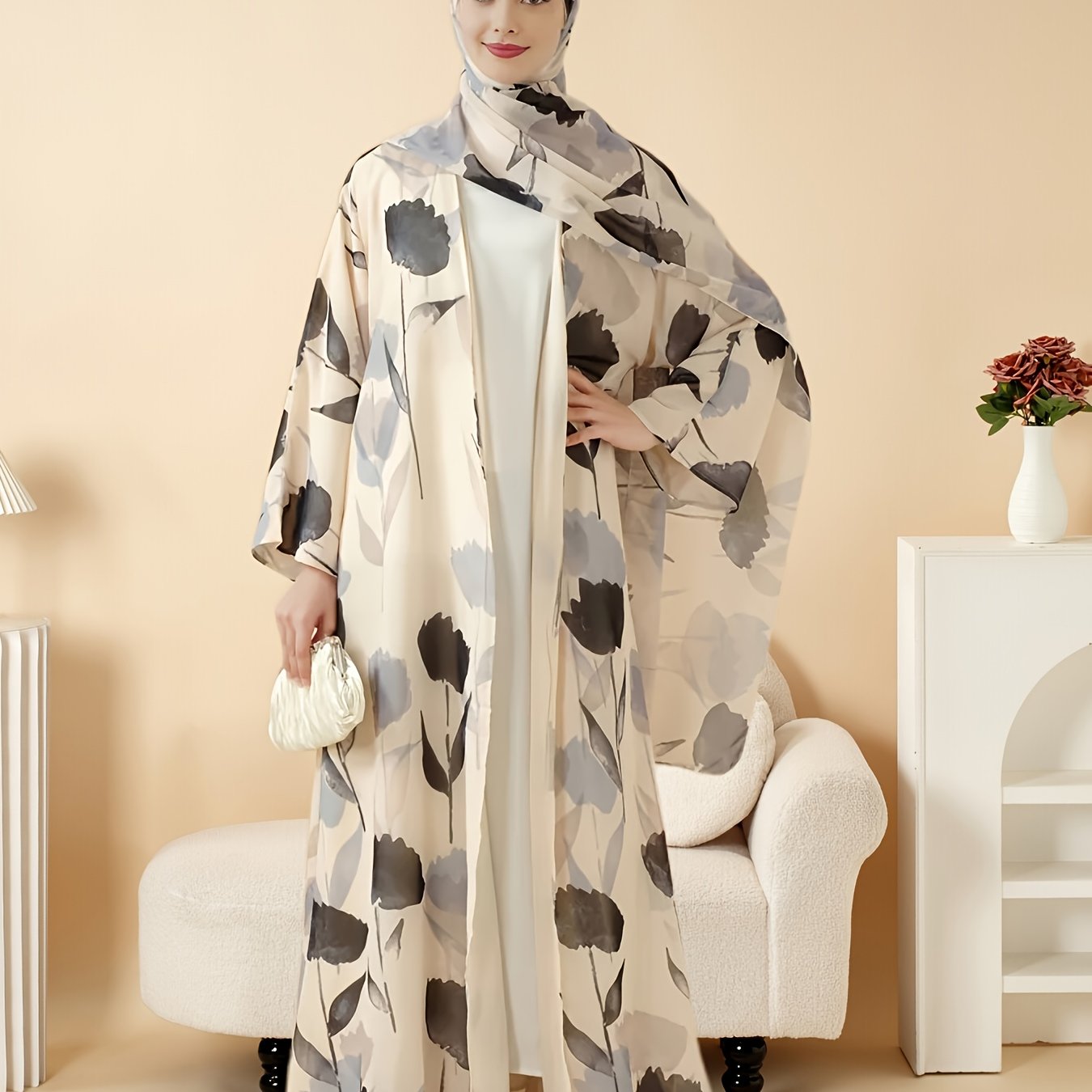 Elegant Floral Print Abaya Set - Lightweight, Open Front Long Robe with Matching Garment, Polyester, Non-Stretch Fabric, Perfect for Summer, Middle Eastern Fashion