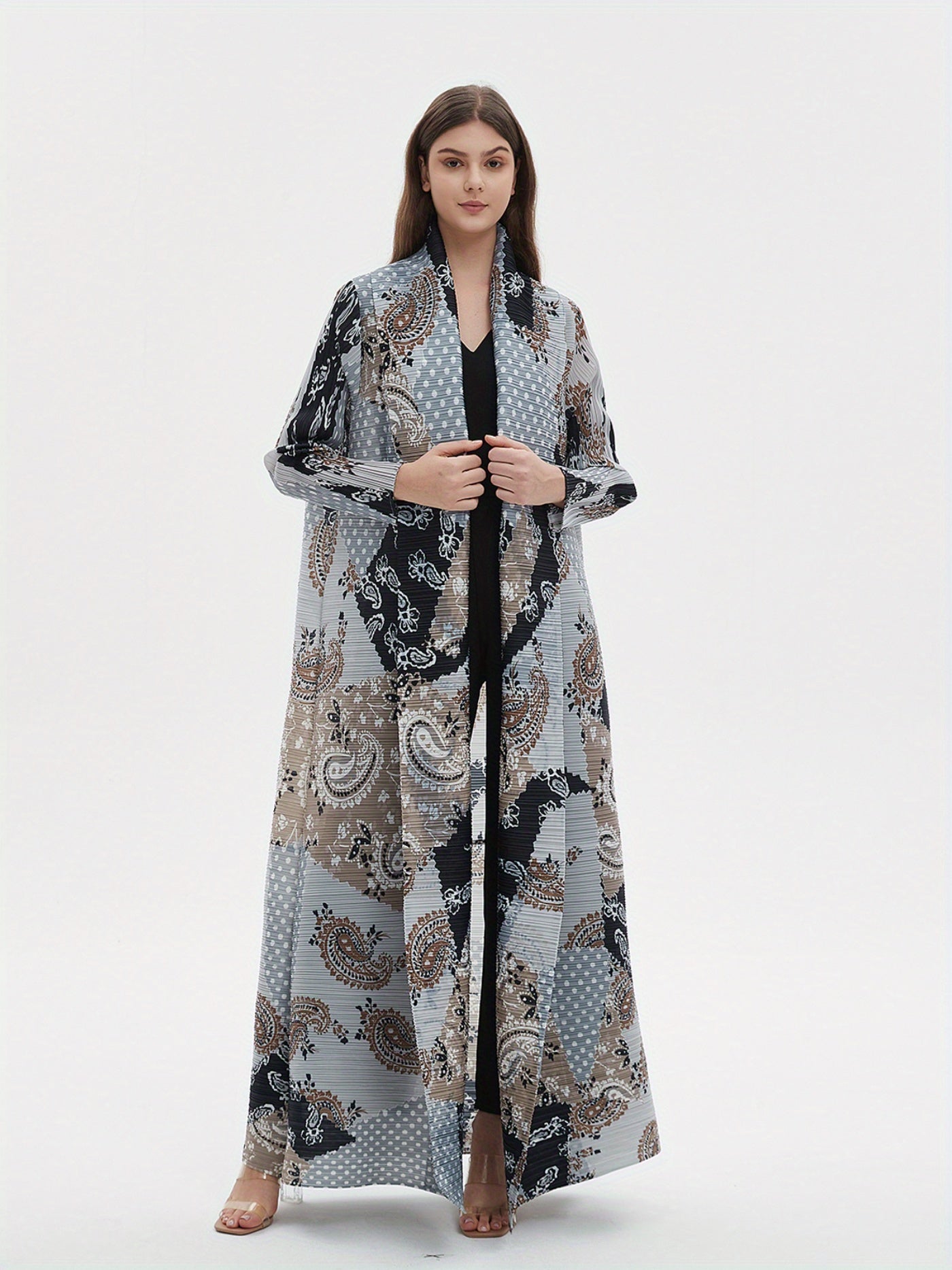 Elegant Abaya Kaftan Dress for Women - Spring/Summer Collection, Adjustable Tie-Waist, Geometric Print, High-Elasticity, Wrinkle-Resistant Blend, Perfect for Eid al-Fitr and All Season