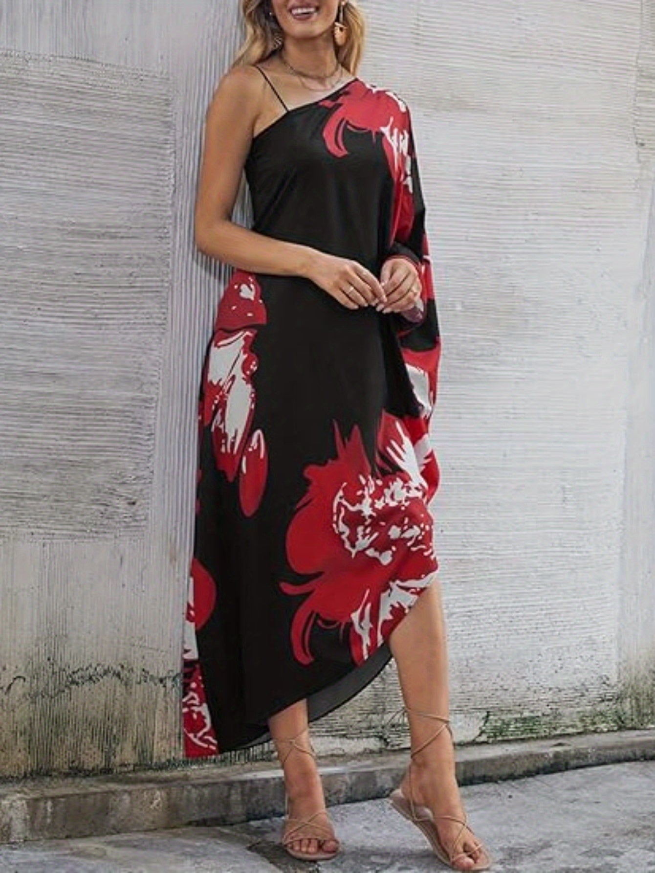 Women'S Elegant Kaftan Dress - V-Neck, Long Sleeve, Flowy Beach Cover-Up with Orange & Black Floral Print, Lightweight Polyester for Summer Vacation, Beach Dress
