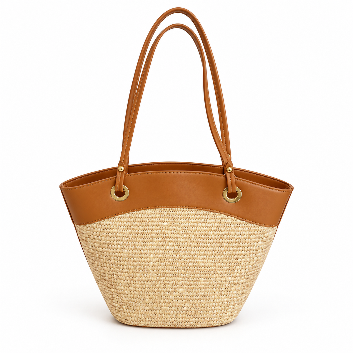 Beige Woven Tote With Brown Trim