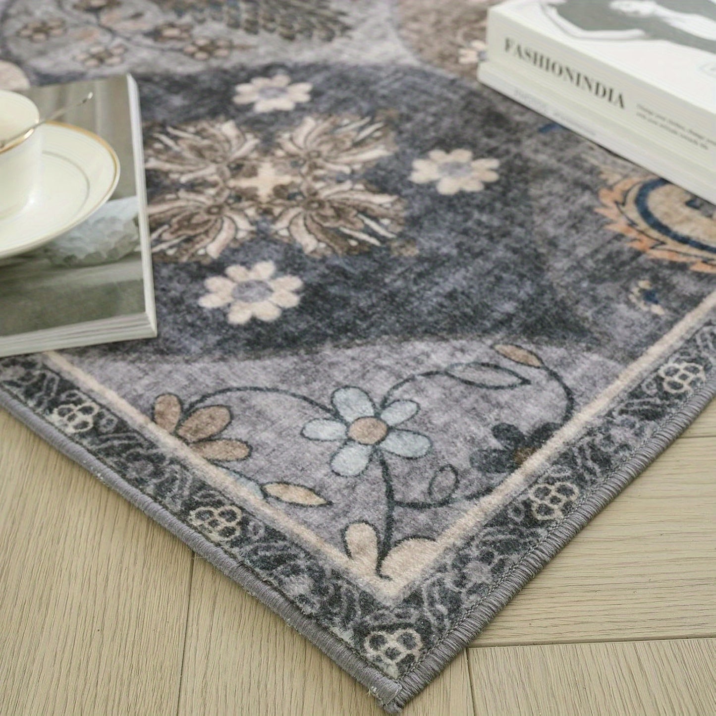 Moroccan Floral Area Rug, Entryway Rug Non-Slip Washable Small Rug, Ultra Soft Antique Print Vintage Distressed Low-Pile Indoor Door Mat Floor Carpet for Entrance Kitchen Bathroom Bedroom