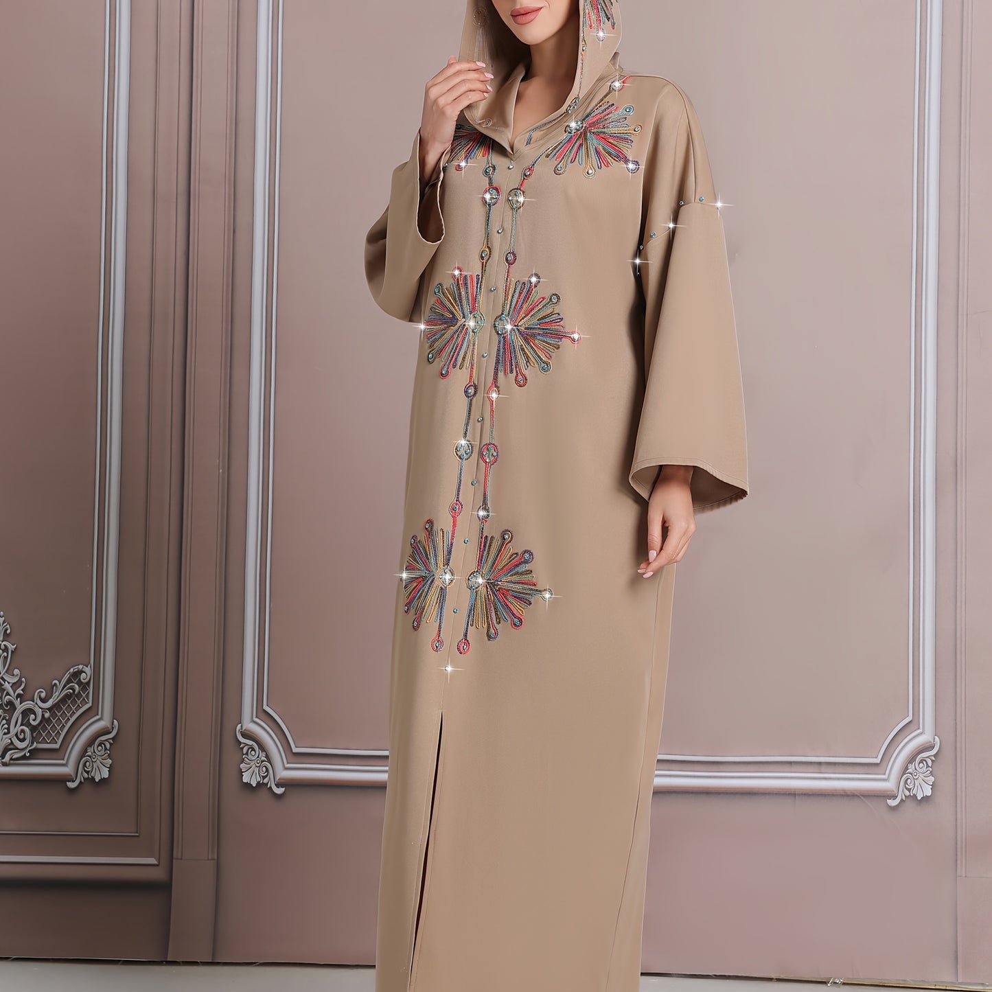 Elegant Long-Sleeve Kaftan with Colorful Embroidery - Polyester, Drop Shoulder, Slit Hem, No Belt, All-Season Wear, Abaya for Women, Festive Attire|Elegant Embroidery|Polyester Kaftan