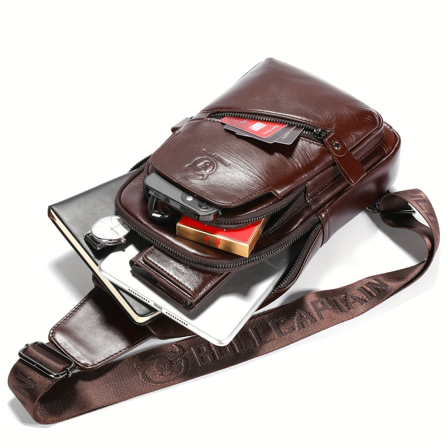 Men's Genuine Leather Sling Bag | Adjustable Crossbody & Chest Pack with USB Charging Port, Multiple Zipper Pockets