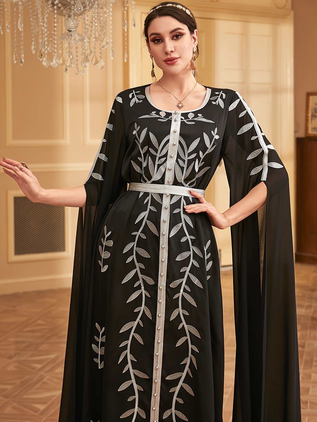 Middle Eastern-Inspired Embroidered Burgundy A-Line Kaftan Abaya with Ultra-Long Sleeves, Cinched Waist & Exaggerated Hem - Machine Washable Formal & Casual Elegance, Special Occasion