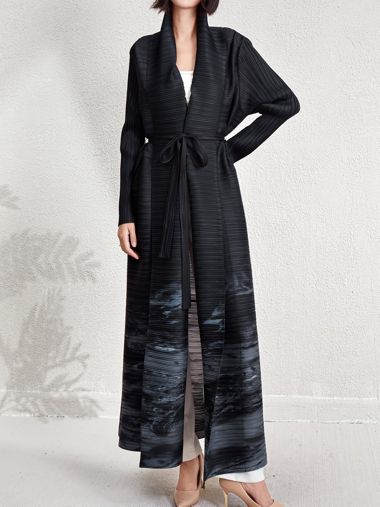 Elegant Dubai Muslim Abaya Cardigan Dress - High Elasticity Striped Pleated Long Robe with Adjustable Waist, Lightweight Comfort for Eid, Travel & Work | Spring Summer Fall A-Line Loose Fit Machine Washable, Modest Fashion, F
