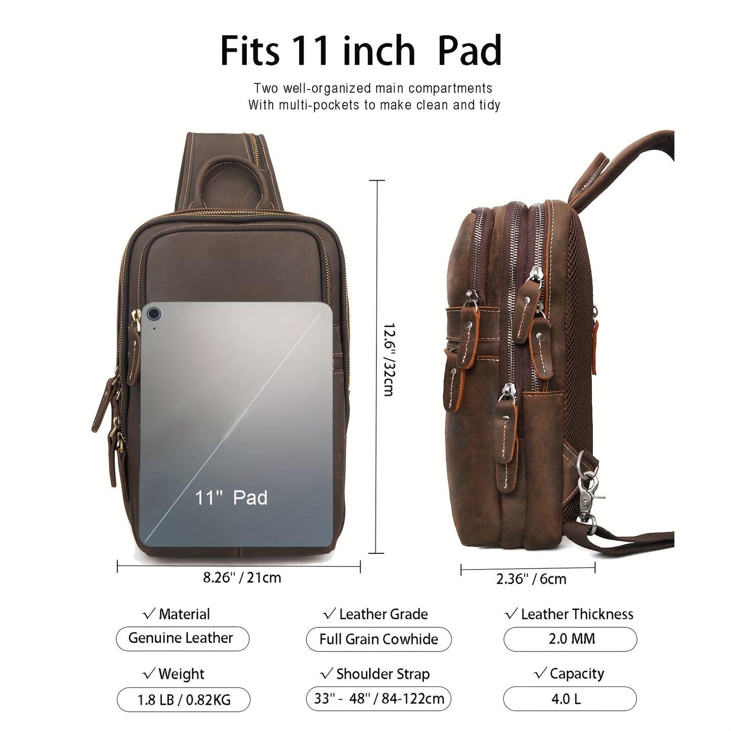 Vintage Full Grain Leather Sling Bag for Men, Crossbody Shoulder Chest Travel Hiking Daypacks Bag for 11 inch iPad, Brown