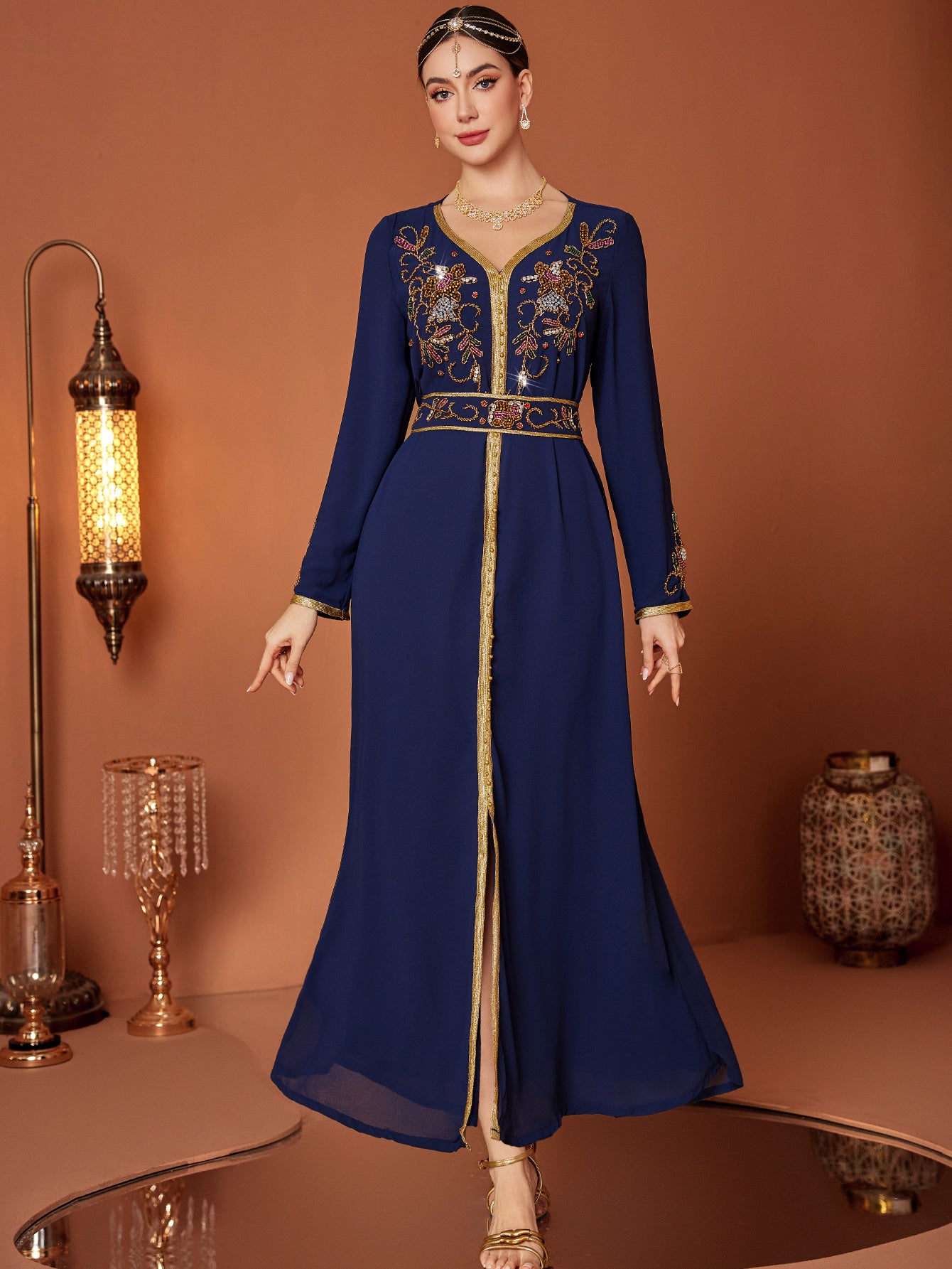 Elegant Navy Blue Embroidered Abaya Dress with Golden Accents and Belt - Long Sleeve, V-Neck, Polyester, Perfect for Spring/Summer, Women's Fashion, Elegant Event Attire|Vneck Dress|Polyester Fabric