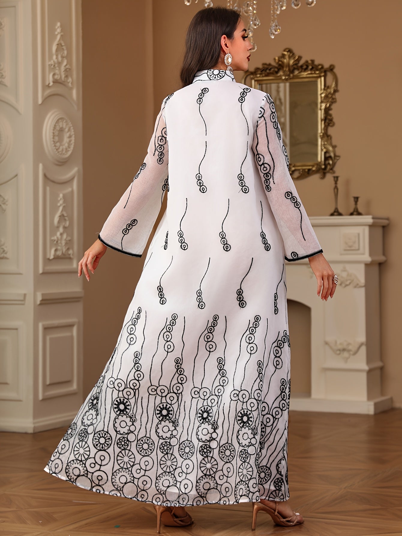 Elegant Floral Sequin Embroidered Beaded Long Sleeve Kaftan Abaya Dress, 100% Polyester, Non-Stretch Woven Fabric, Regular Fit, All Seasons, Contrast Detail, 120Gsm