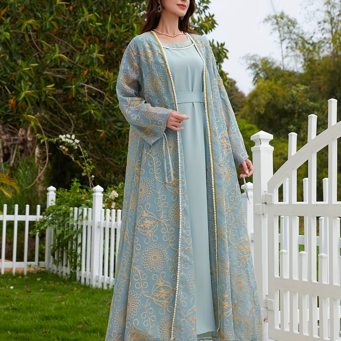 2pcs embroidered gray-blue Turkish elegant festive abaya set