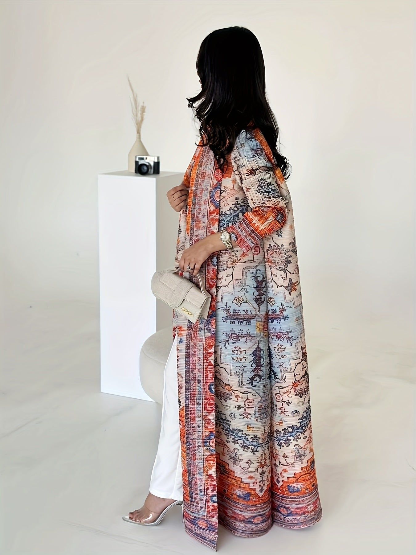 2025 Summer New Collection - Miyake Geometric Print Kimono Cardigan, High Elasticity, Long Sleeve, Open Front Abaya, Loose Fit, Lightweight Fabric, Perfect for Ramadan, Eid Al-Fitr
