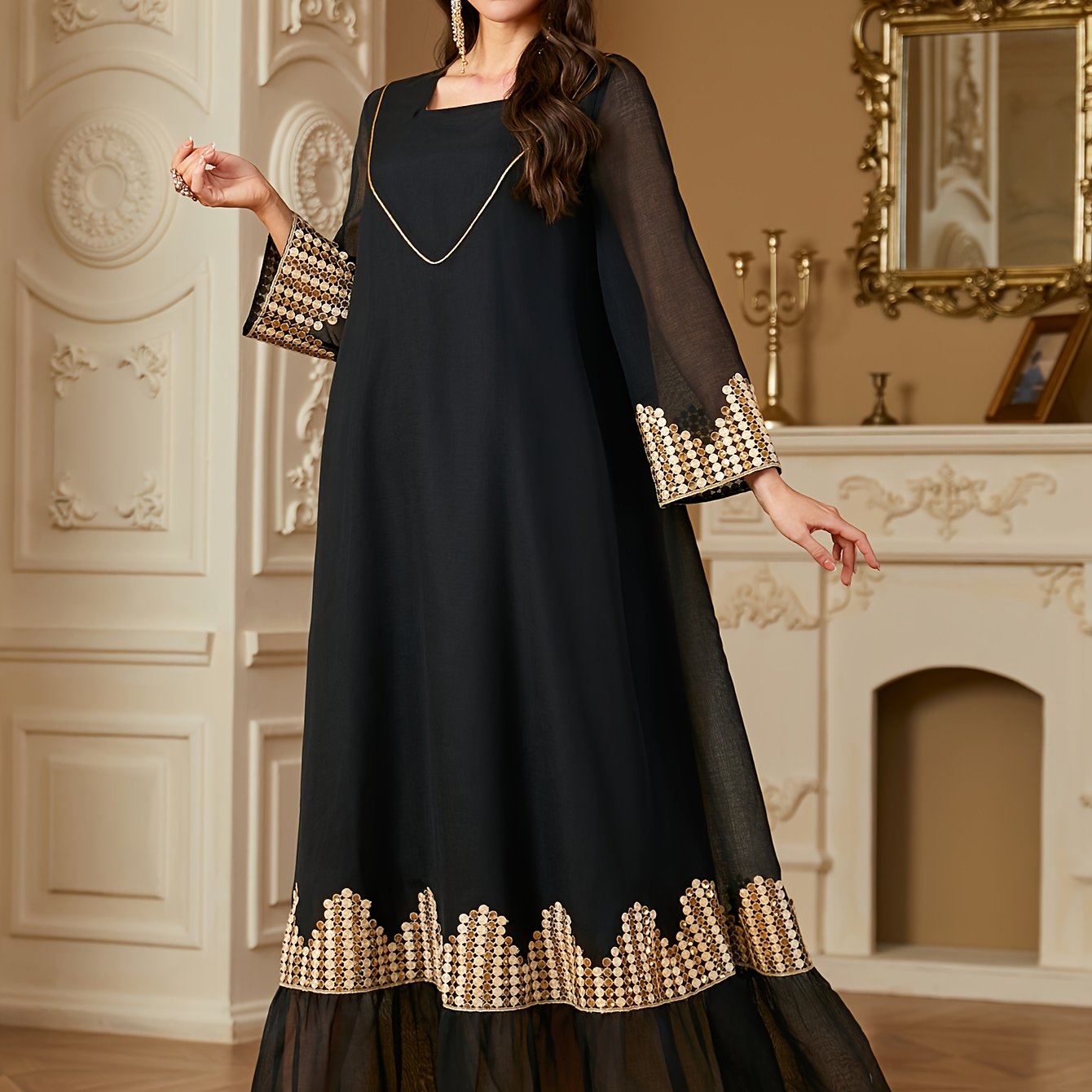 Elegant Black Square Neck Long Sleeve A-Line Modern Abaya with Golden Embroidery & Belt Accents - Machine Washable Formal & Casual All-Season Wear, Chic Dress, Evening Wear