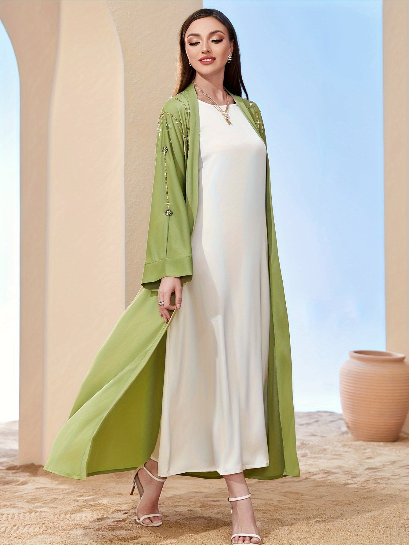 Rhinestone Long Sleeve Modest Dress, Elegant Open Front Abaya Loose Ankle Dress For Spring & Fall, Women's Clothing
