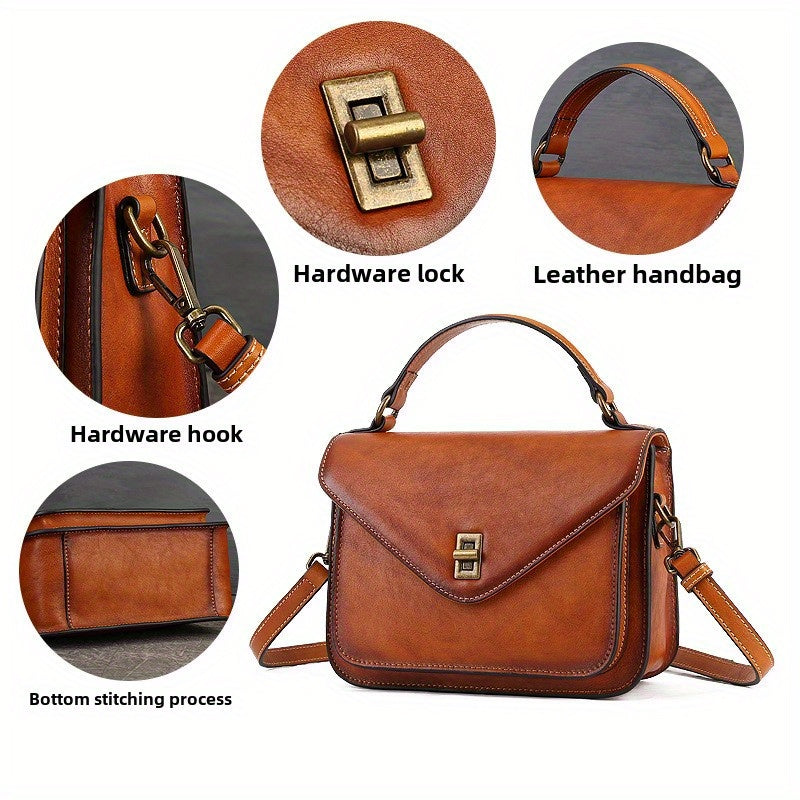 Women's Genuine Leather Retro Messenger Bag - Adjustable Crossbody & Shoulder Strap, Snap Closure, Durable Oil-Edged Trim
